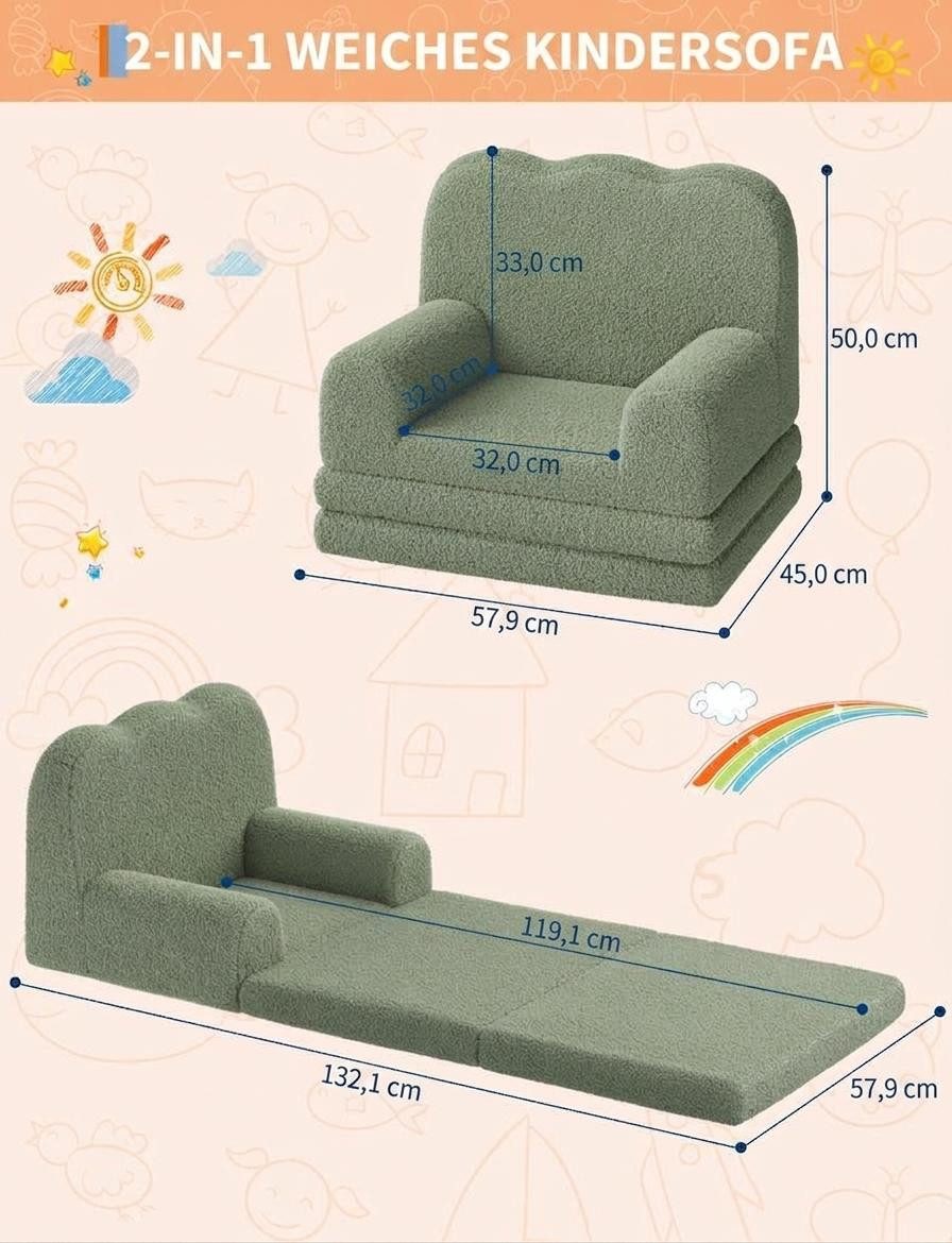 GarveeMore Kindersofa 2-in-1 Schlafsofa Sofabett Klappsofa für Kinder aus Teddystoff