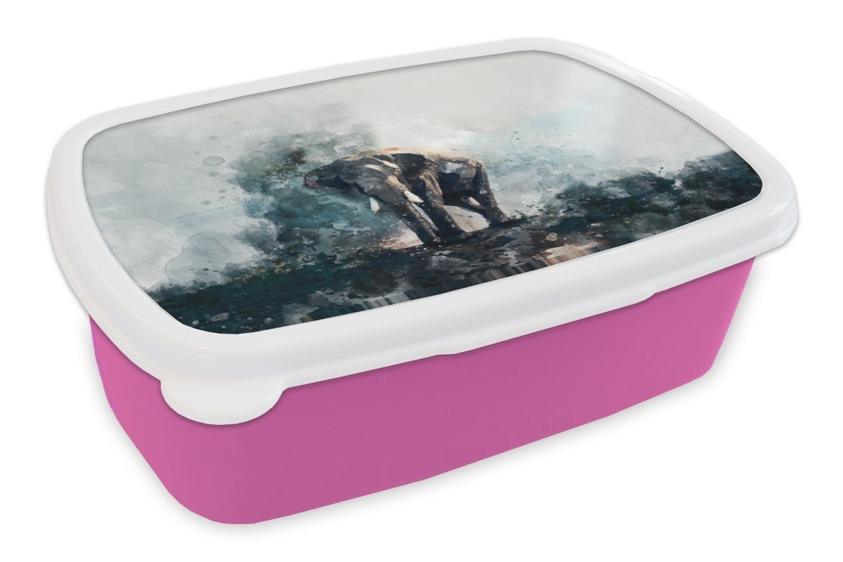 MuchoWow Lunchbox Elefant - Aquarell - Blau, Kunststoff, (2-tlg), Brotbox für Erwachsene, Brotdose Kinder, Snackbox, Mädchen, Kunststoff rosa