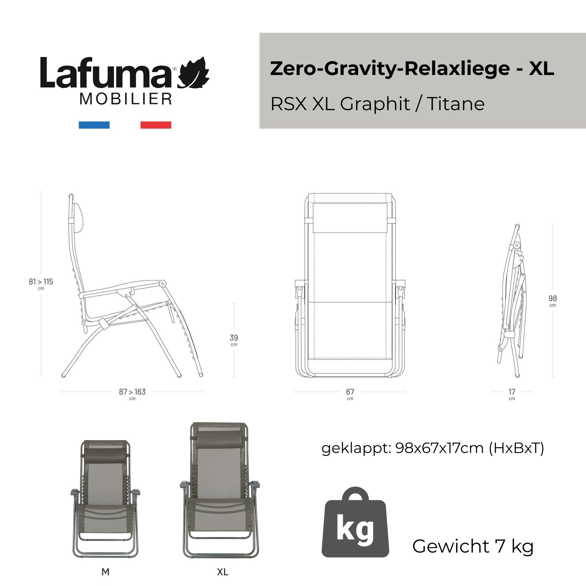 Lafuma Relaxsessel Lafuma RSX Relaxliege Relax Clip Relaxliege Graphit plus Schutzhaube