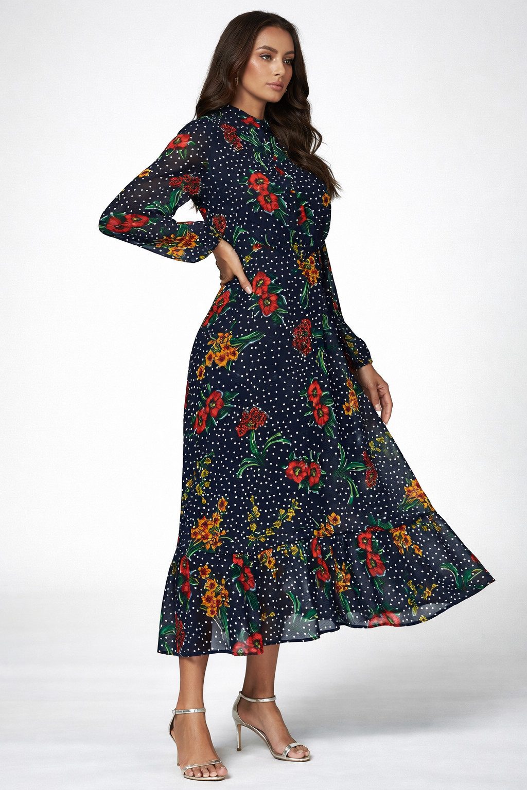 FS Collection Maxikleid Damen Maxikleid in Marineblau mit Blumen- & Punktmuster (XS (EU:36 / UK:8) · S (EU:38 / UK:10) · M (EU:40 / UK:12) · L (EU:42 / UK:14) · XL (EU:44 / UK:16) leicht, fließend, formstabil und pflegeleicht