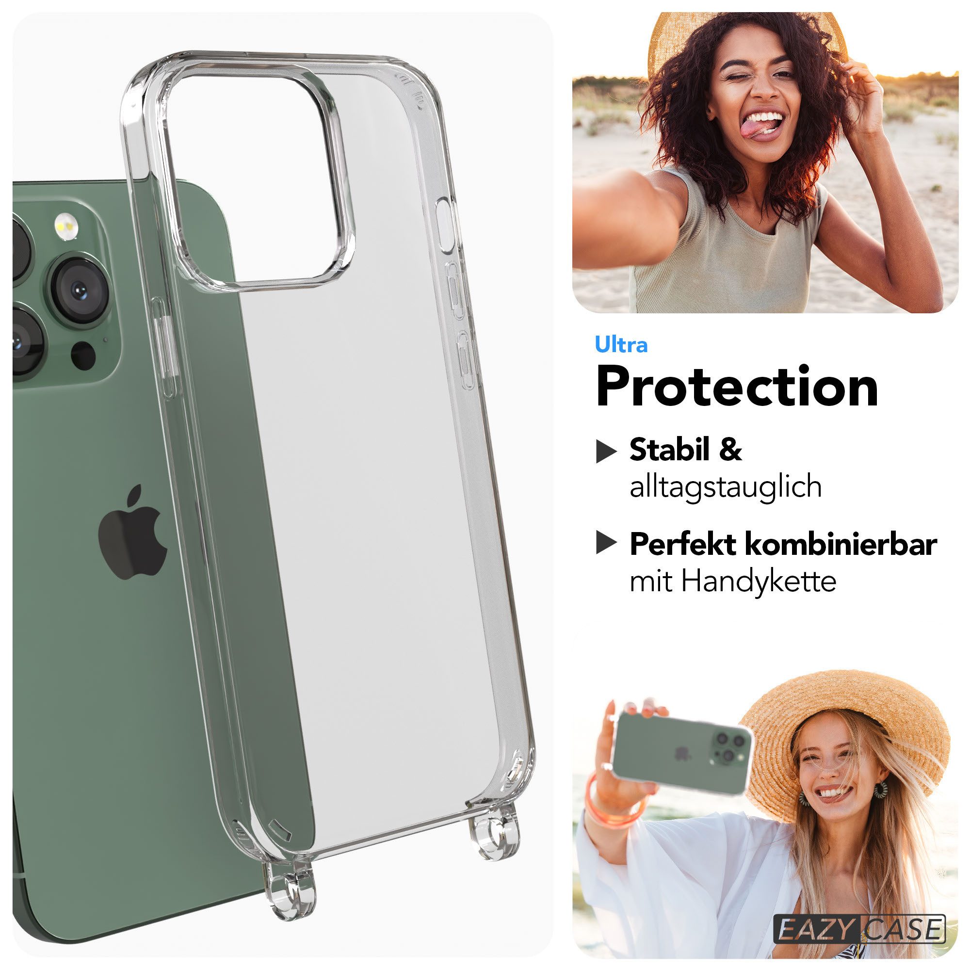 EAZY CASE Handykette Handyhülle für Handyketten mit Befestigungsösen für iPhone Modelle 6,1 Zoll, Hülle für Handykette, Transparent mit Ösen für Apple iPhone 13 Pro