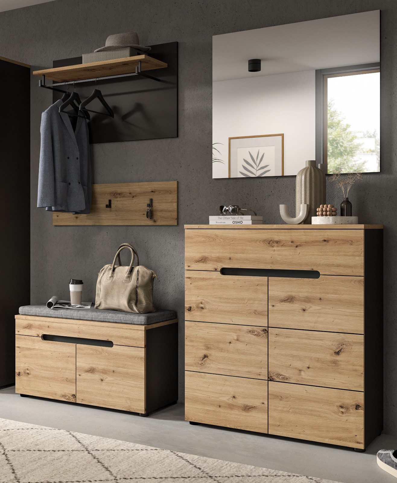 Inn.Furn Шкафы-Set Cooper, (in Artisan Eiche mit Basalt grau, 5-teilige Garderobe), Soft-Close-Funktion