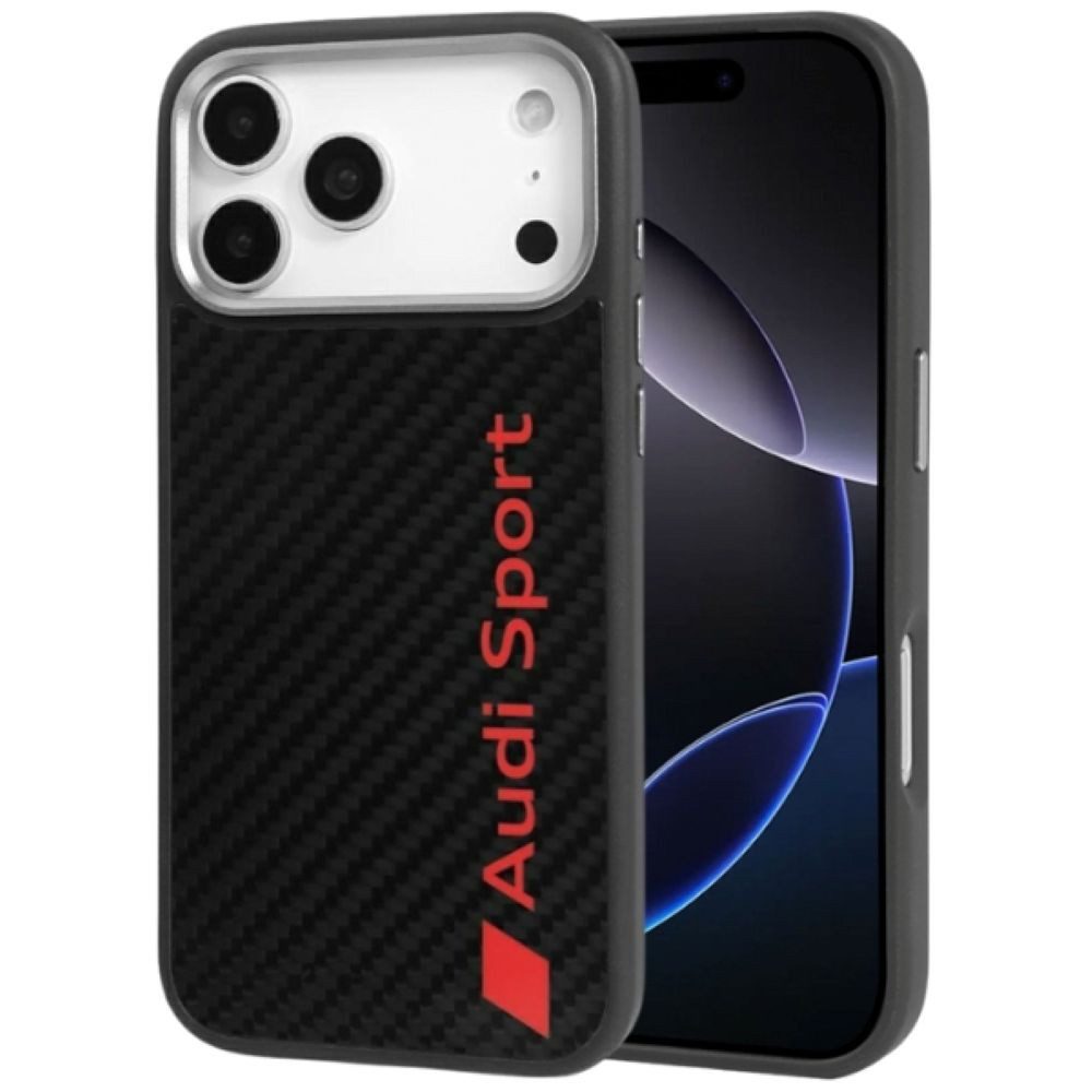 Audi Handyhülle iPhone 17 Pro Max Carbonfaser R8 MagSafe schwarz rot Logo 6,9 Zoll, Kantenschutz