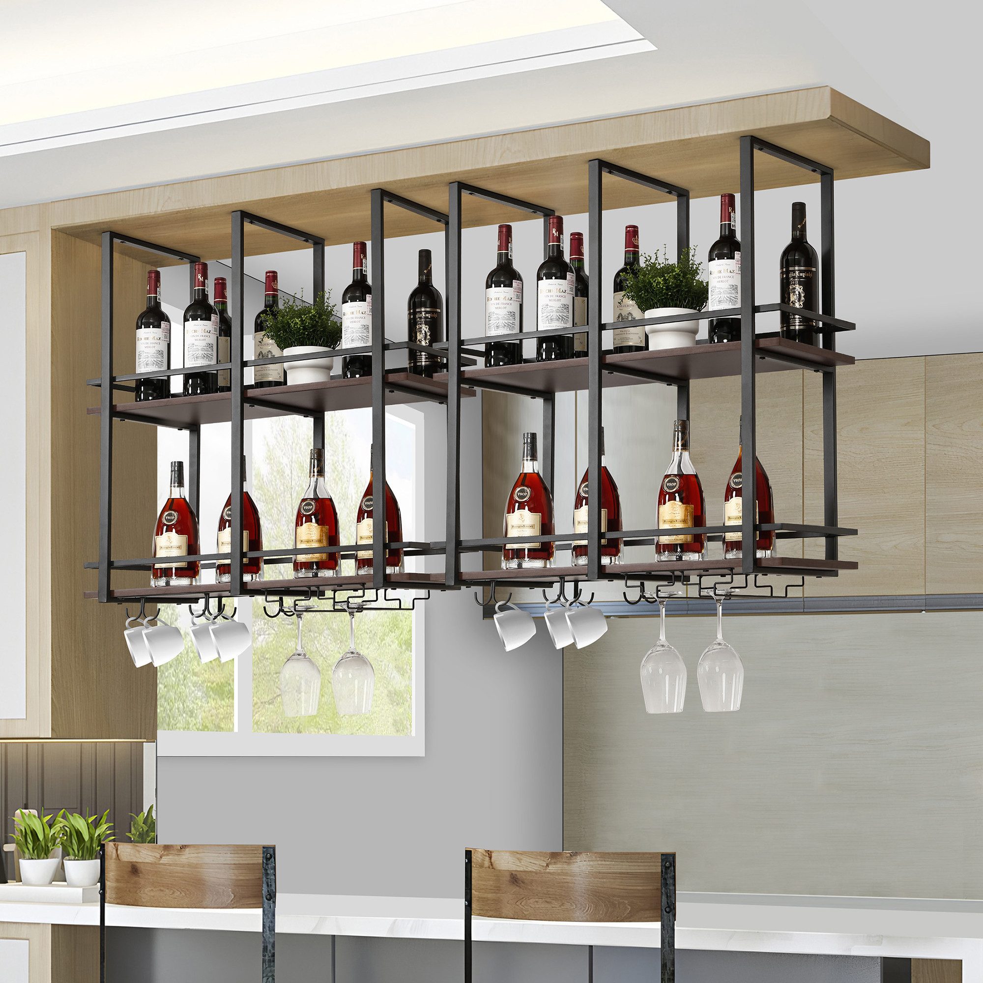 en.casa Weinregal, »Hubro« mit Glashalterung 80 x 30 x 85 cm Schwarz/Walnussoptik
