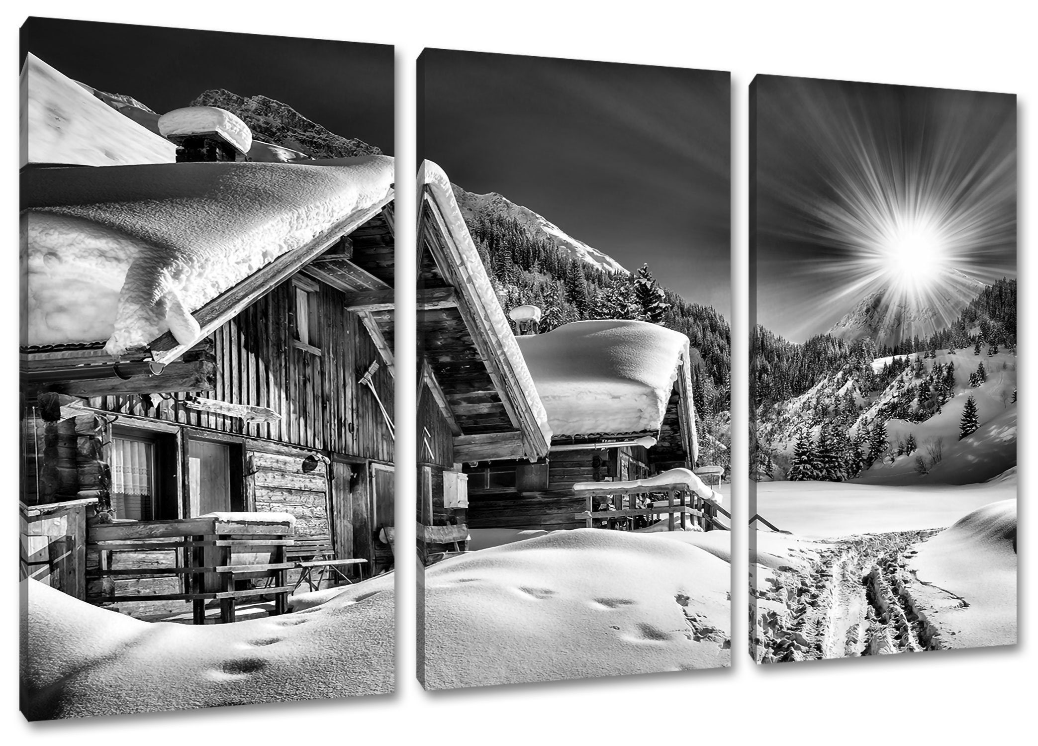 Pixxprint Leinwandbild Verschneite Alpenhütte, Verschneite Alpenhütte 3Teiler (120x80cm) (1 St), Leinwandbild fertig bespannt, inkl. Zackenaufhänger