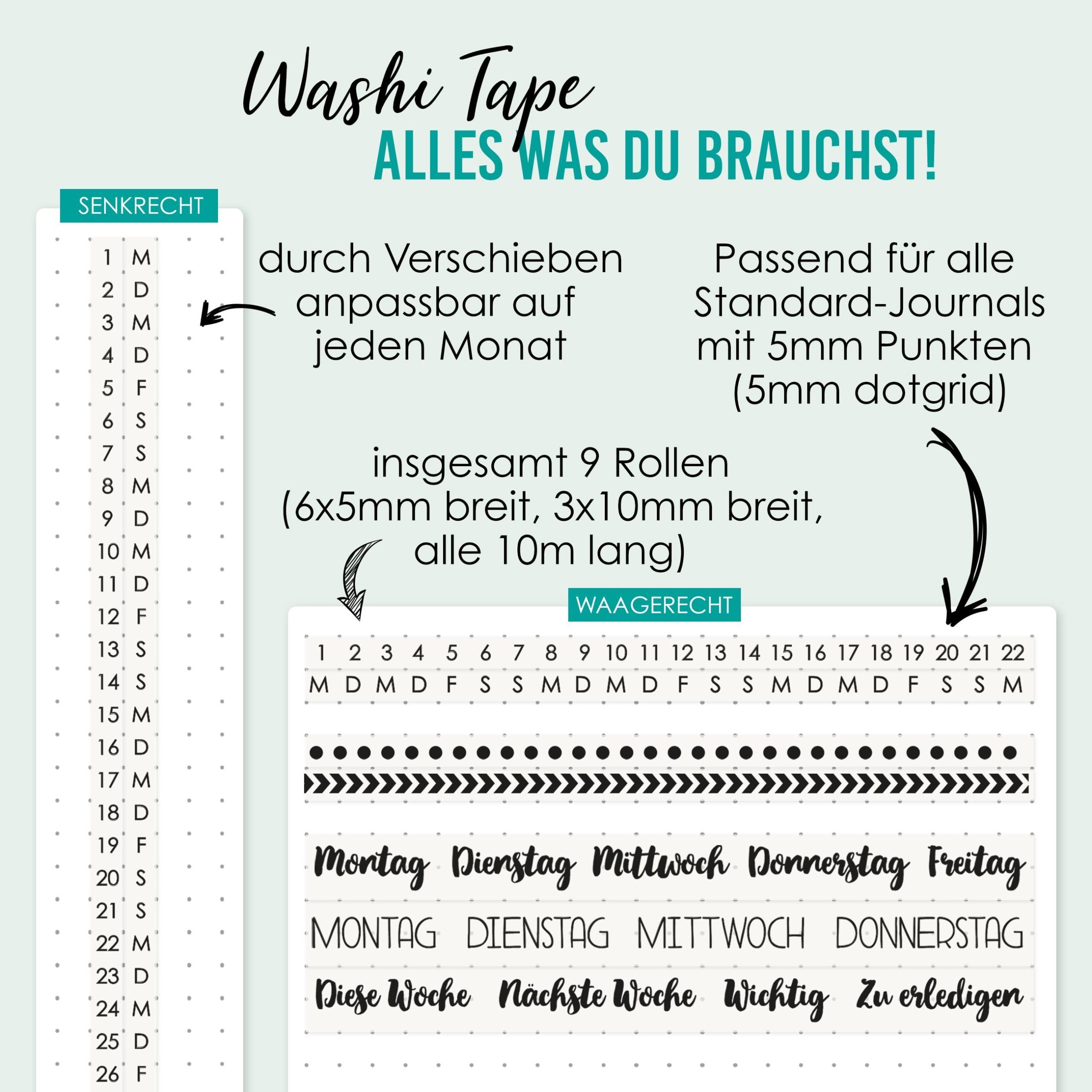 PAPIERDRACHEN Notizbuch 9 Washi Tapes für dein Bullet Journal
