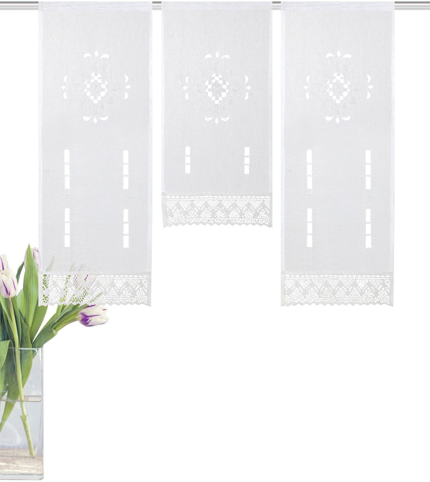 HOME WOHNIDEEN Vorhang ALEGRA (3 St), Stangendurchzug, halbtransparent, 3 teiliger Fensterbehang bestickt