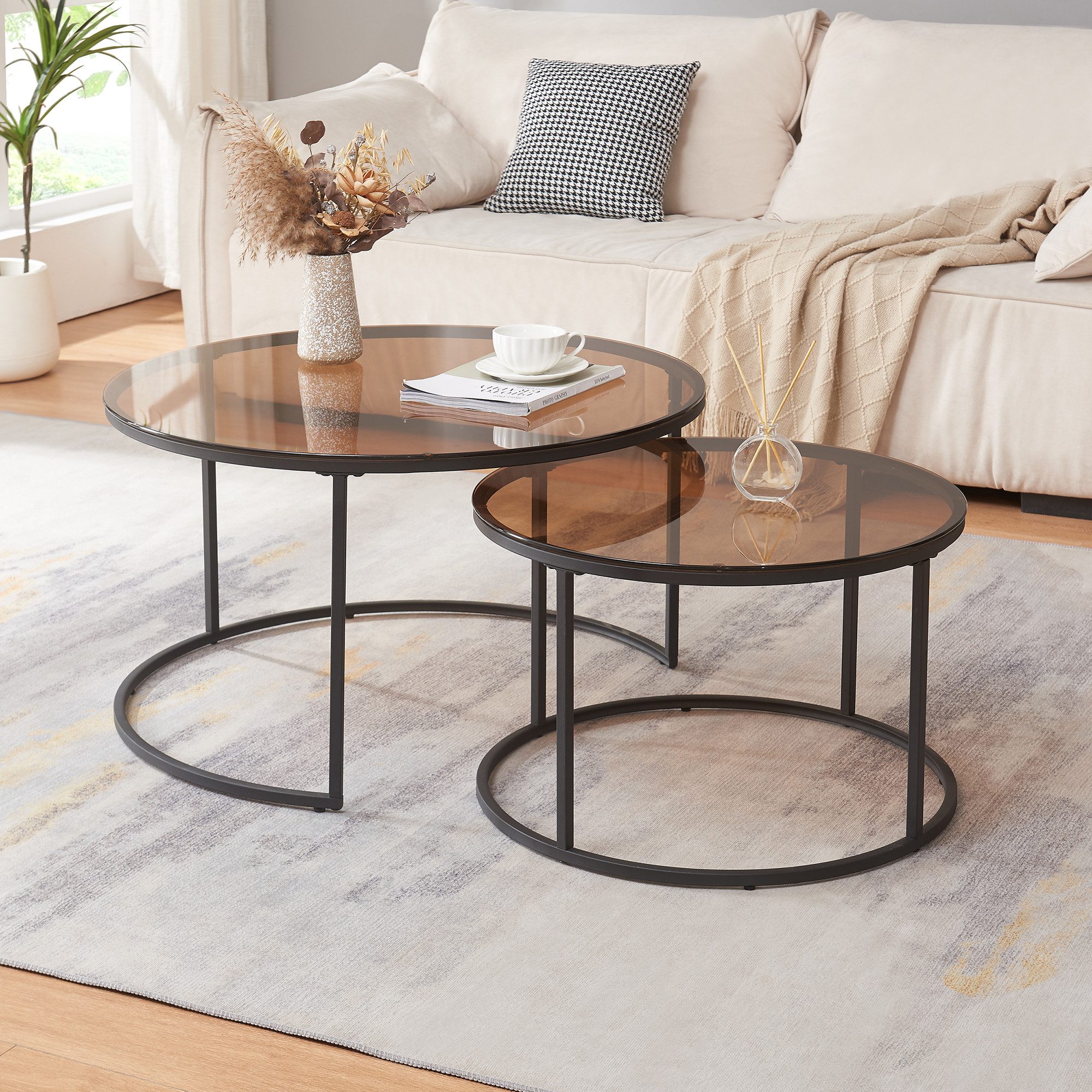 en.casa Couchtisch (Set, 2-St), »Kokkola« Satztisch rund Metall Rauchglas, günstig online kaufen