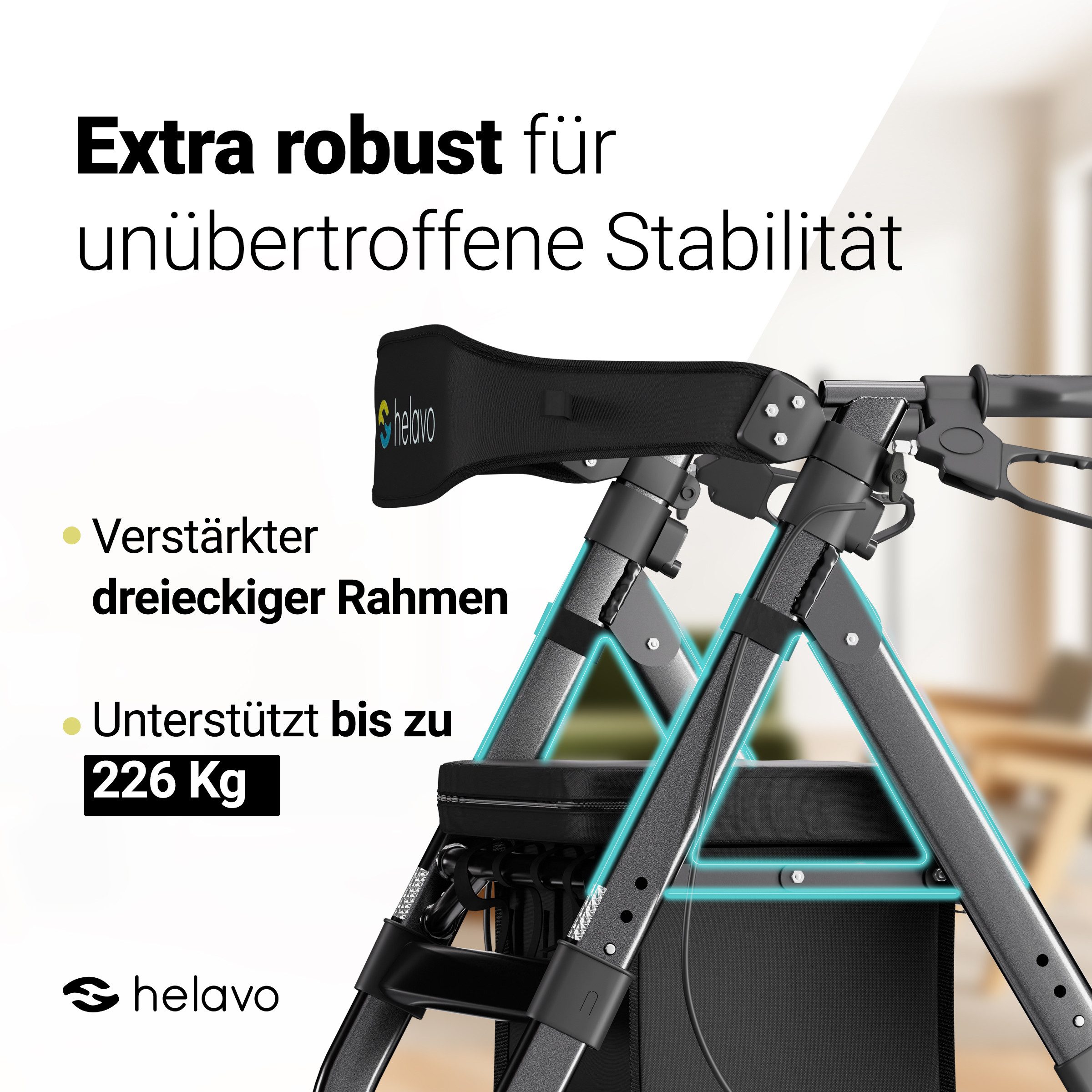 Helavo Rollator H1050, Faltbarer Outdoor-Rollator mit Sitz & Korb. Belastbar bis 226 kg