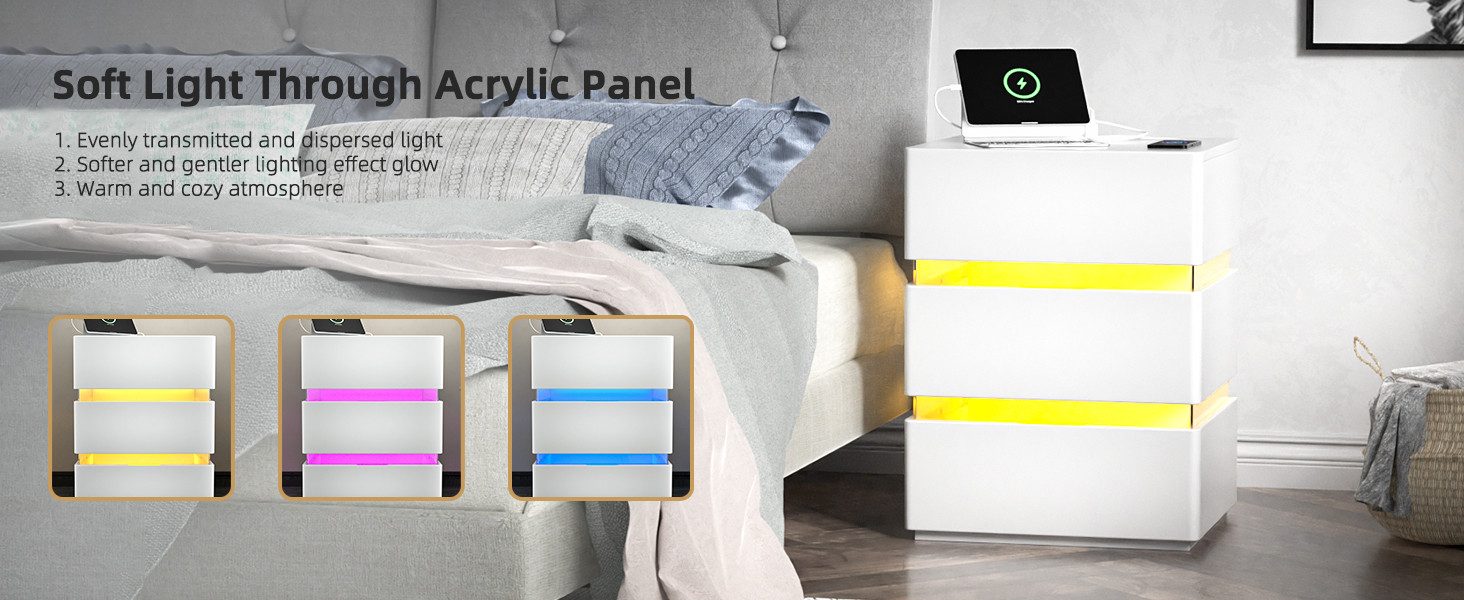 VINGLI Nachttisch RGB LED mit Ladefunktion und USB-Anschlüssen, 3 Schublade günstig online kaufen