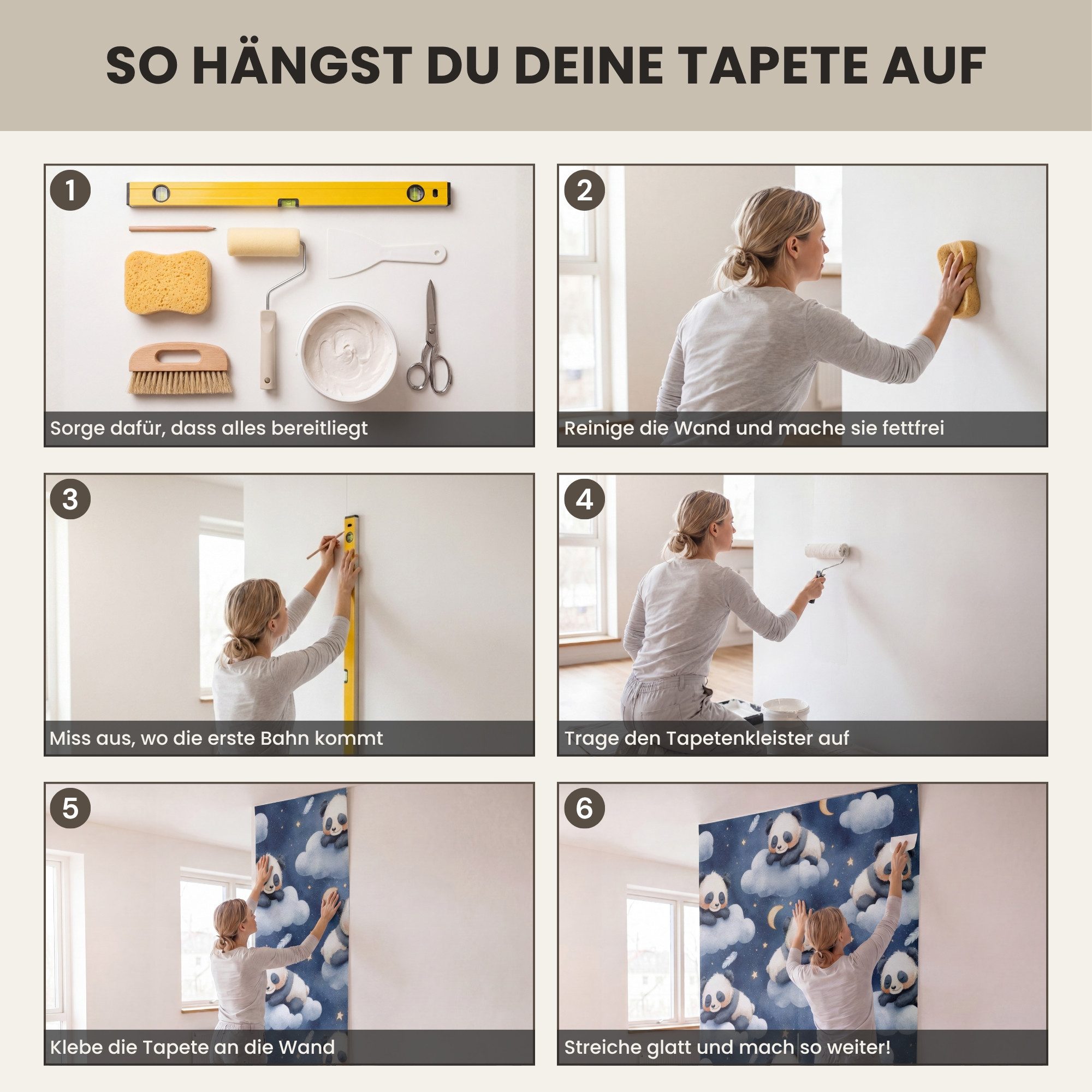 OnlyWow Fototapete Pandas - Schlafend - Blau, Matt, bedruckt, Wandtapete, Wohnzimmer, Vinyl Tapete 260x220cm