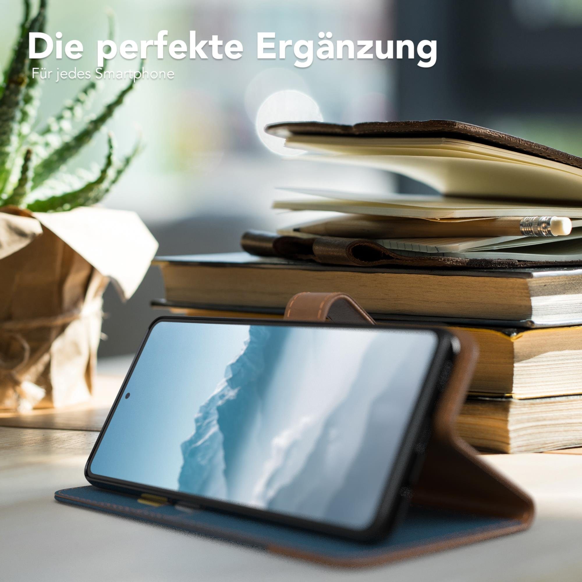 EAZY CASE Handyhülle Bookstyle Jeans für Samsung Galaxy M51 6,7 Zoll, Klappcase mit Standfunktion und Kartenfach Stoff Schutzhülle Blau