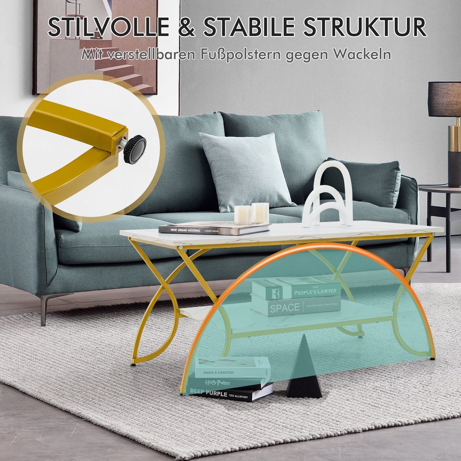 COSTWAY Couchtisch Marmor, mit Ablage & goldenem Metallbeinen, 100x50x45cm