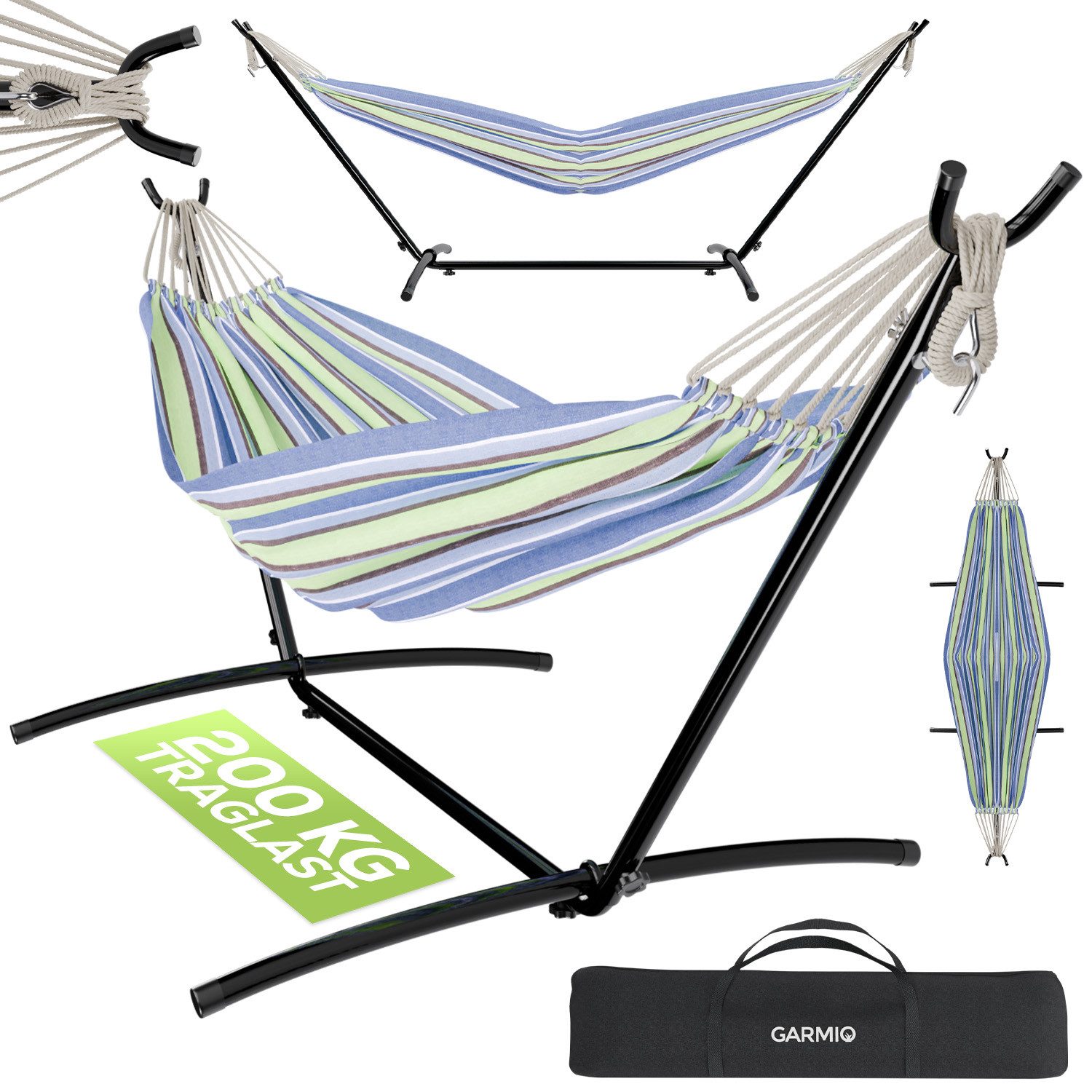 GARMIO Hängematte mit Gestell, 200kg Belastbarkeit, 270x110x105cm (inkl. Zubehör & Tragetasche, mit Kordeln, in Blau-Grün, mit Stahlgestell, klappbar), Pflegeleicht, 270 x 110 x 105cm