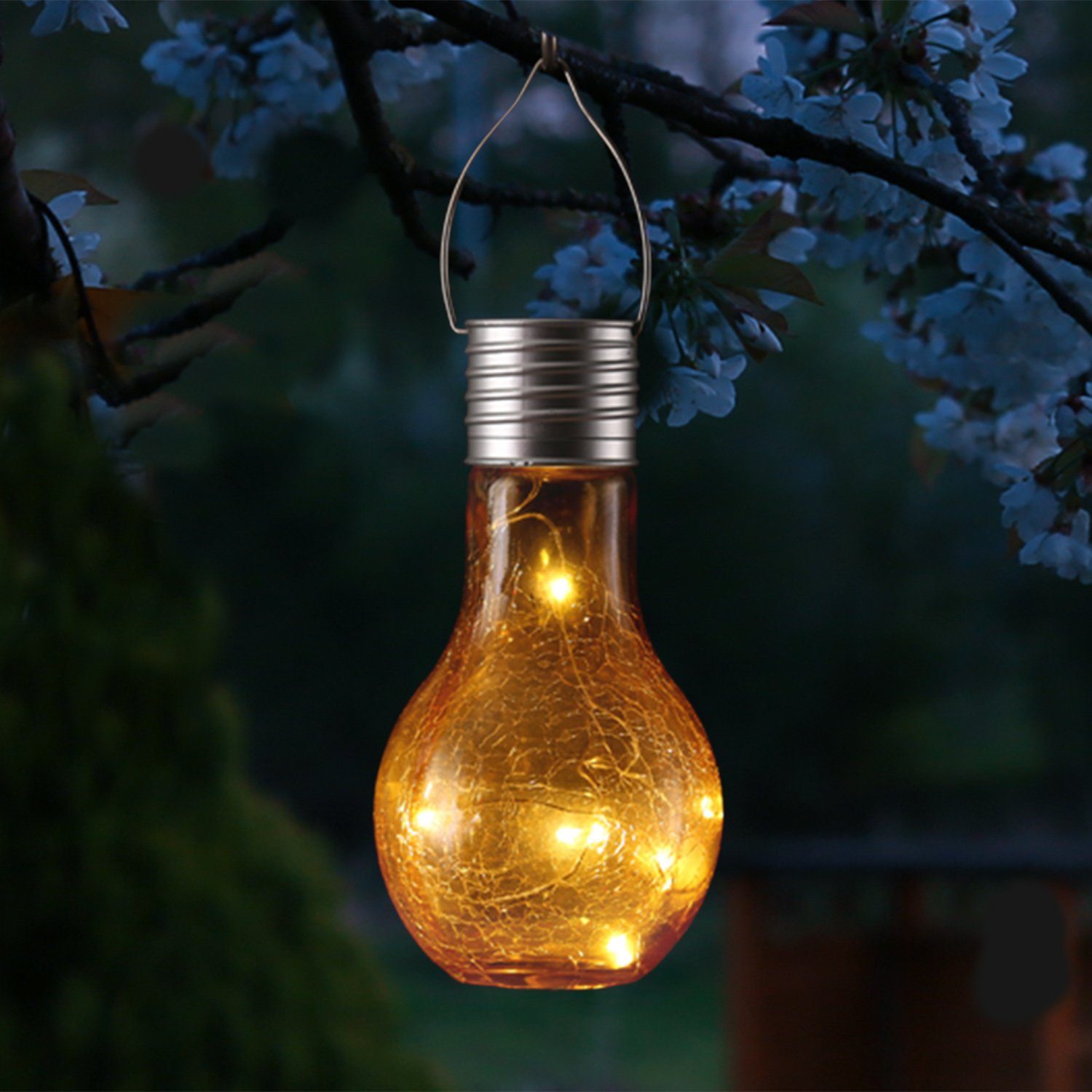 MARELIDA LED Solarleuchte LED Solar Glühbirne Crackle Bruchglas m.Lichterkette für Garten Balkon, LED Classic, warmweiß (2100K bis 3000K)