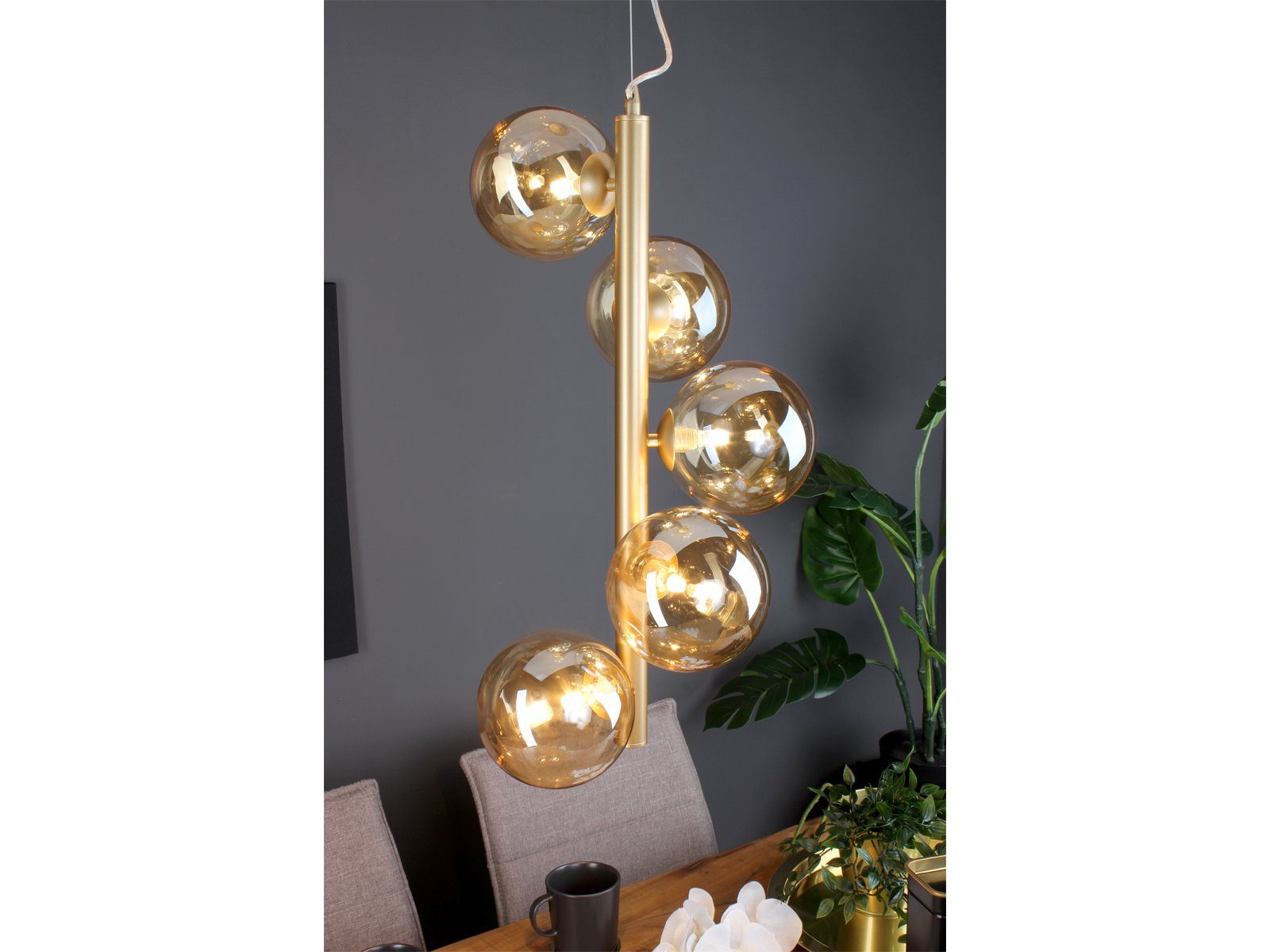 Gold, LED Pendelleuchte, über Bauhaus für meineWunschleuchte Messing-Amber Dimmfunktion, Glas-kugel 5x LED 183cm Warmweiß, ausgefallene Esstisch wechselbar, Lampe