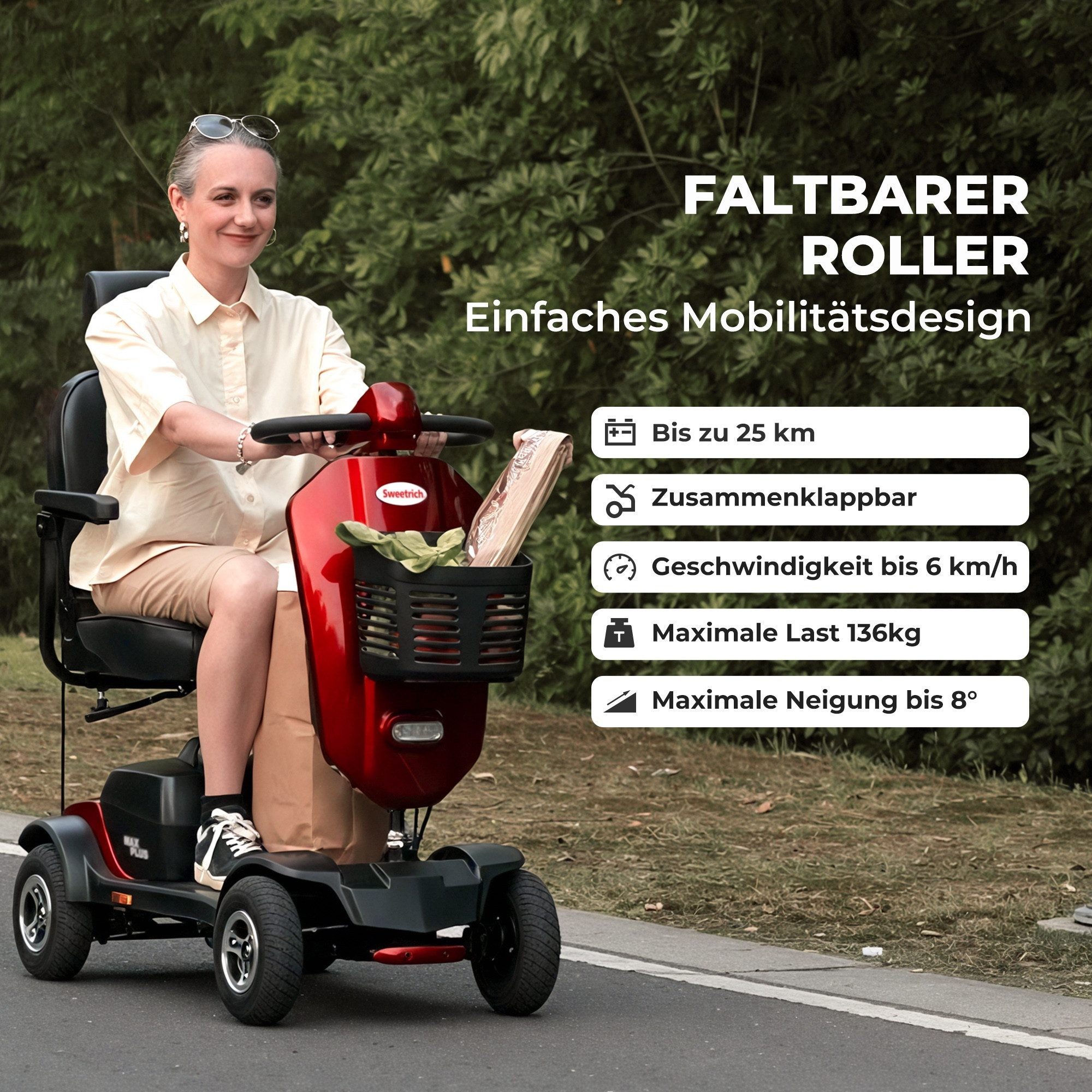 LVHOM Elektromobil 4-Rad-Scooter, faltbar, 30km Reichweite, 300W, 945MM, 136kg Tragkraft, 300 W, (360°-Drehsitz mit Kopfstütze, verstellbare Armlehnen, Integrierte Windschutzscheibe mit Getränkehaltern, ergonomischer Stockhalter, 2 USB-Ladestationen, 32 cm Beinfreiheit, Hinterradfederung, LED-Scheinwerfer, Bremslicht, elektromagnetische Handbremse), Fortschrittliches Elektroauto für aktive Senioren, Gesamtgewicht: 52kg