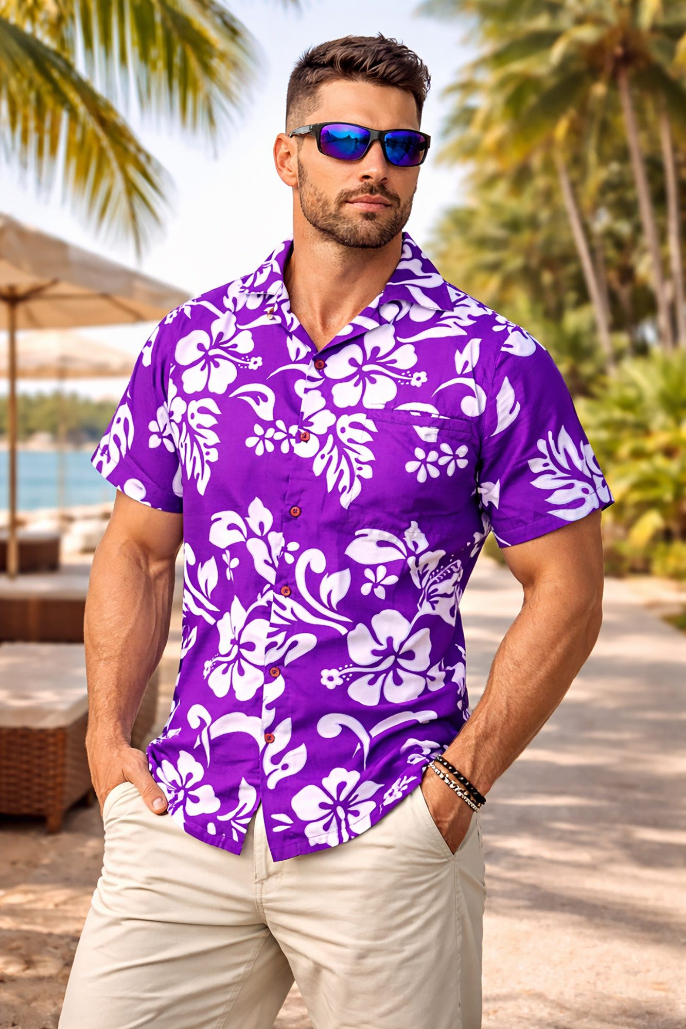 King Kameha Hawaiihemd "Hibiscus" Funky Hawaii-Hemd Herren Kurzarm Front-Tasche Stylish