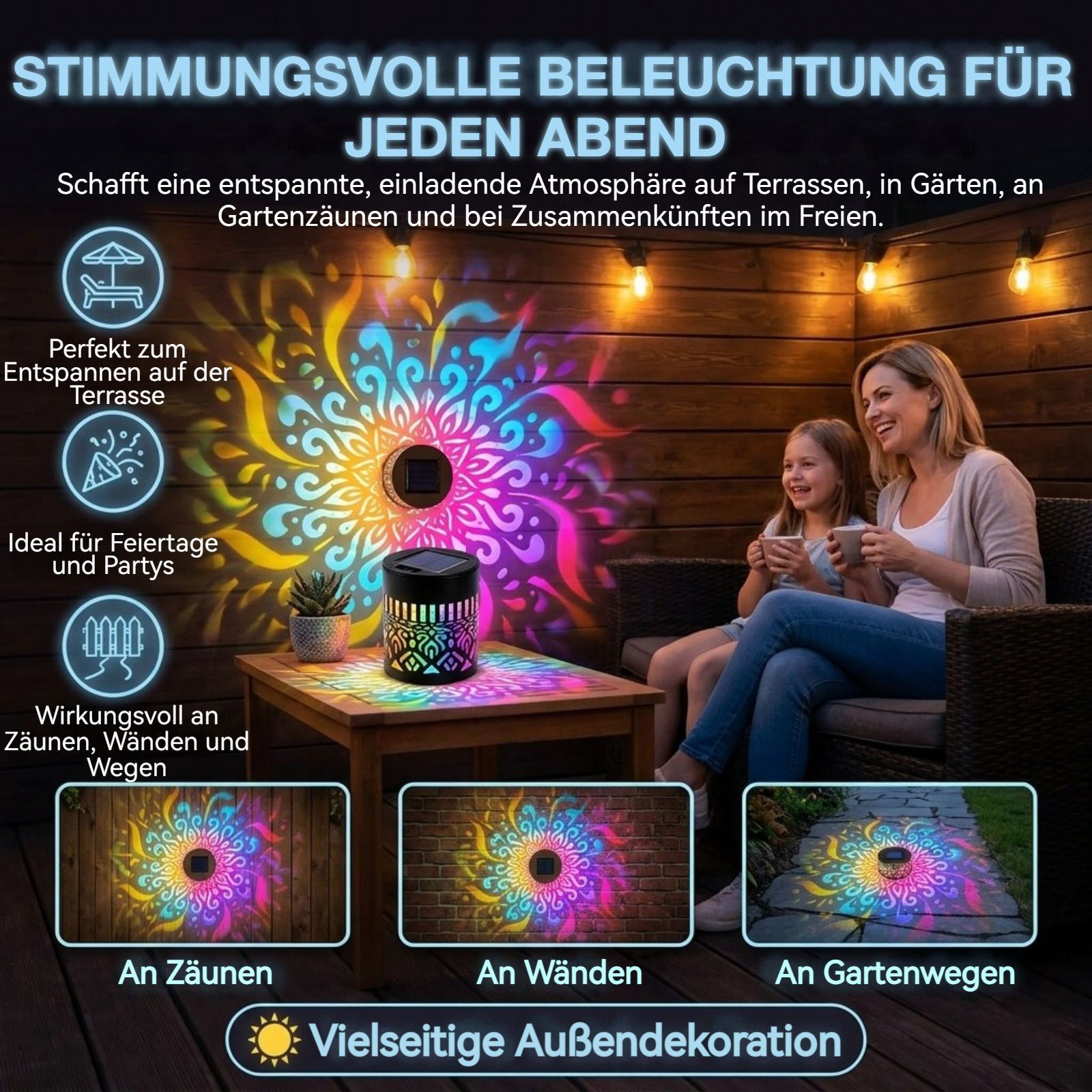 QUBEBU LED Solarleuchte 1/2/4 Stück Solarlaterne Mandala Wandleuchte, Solarlampen für Außen, LED fest integriert, 7 Farben RGB Wandlamp, Decorative Solar Mandal – Bild 4 von 5