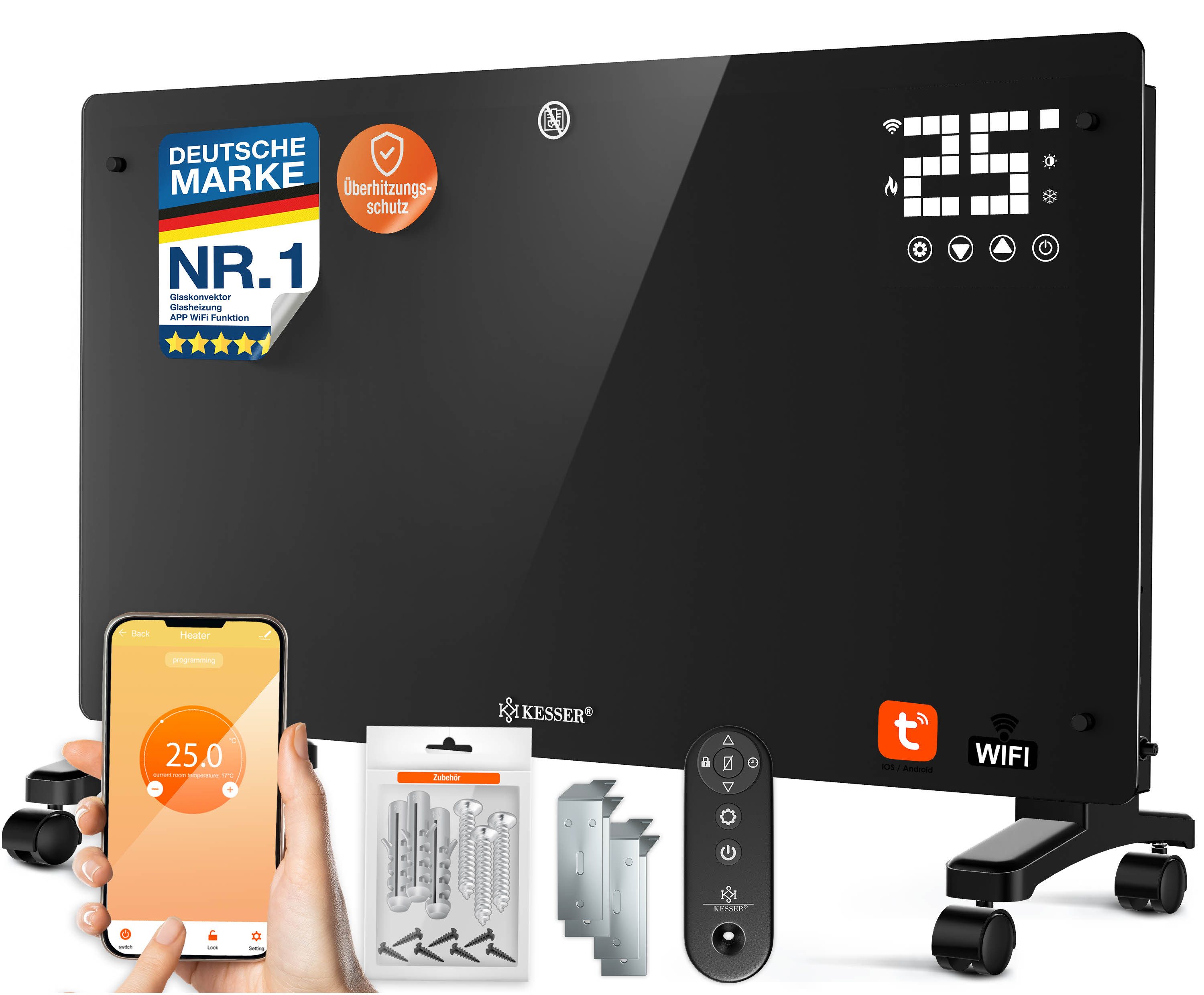 KESSER Heizgerät, 2500 W, Glaskonvektor mit APP, WiFi & Fernbedienung