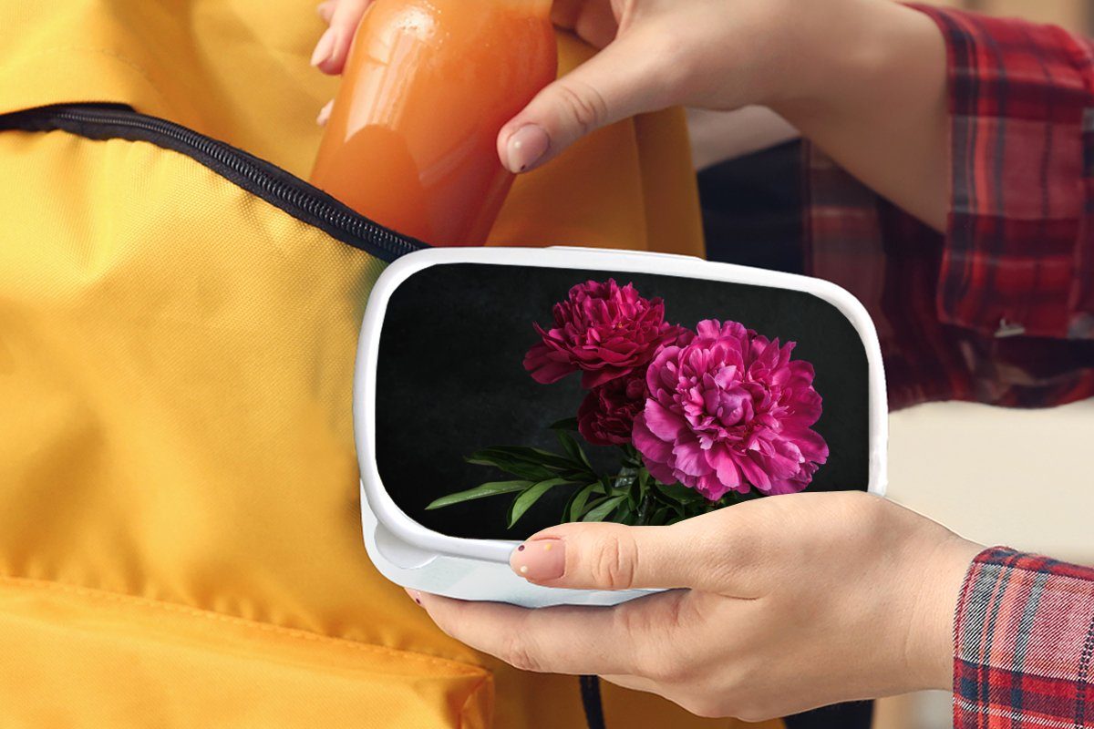 MuchoWow Lunchbox Pfingstrosen - Stilleben - Kunststoff, Brotdose, für Mädchen und (2-tlg), Rosa, weiß und Brotbox Kinder Jungs für Erwachsene