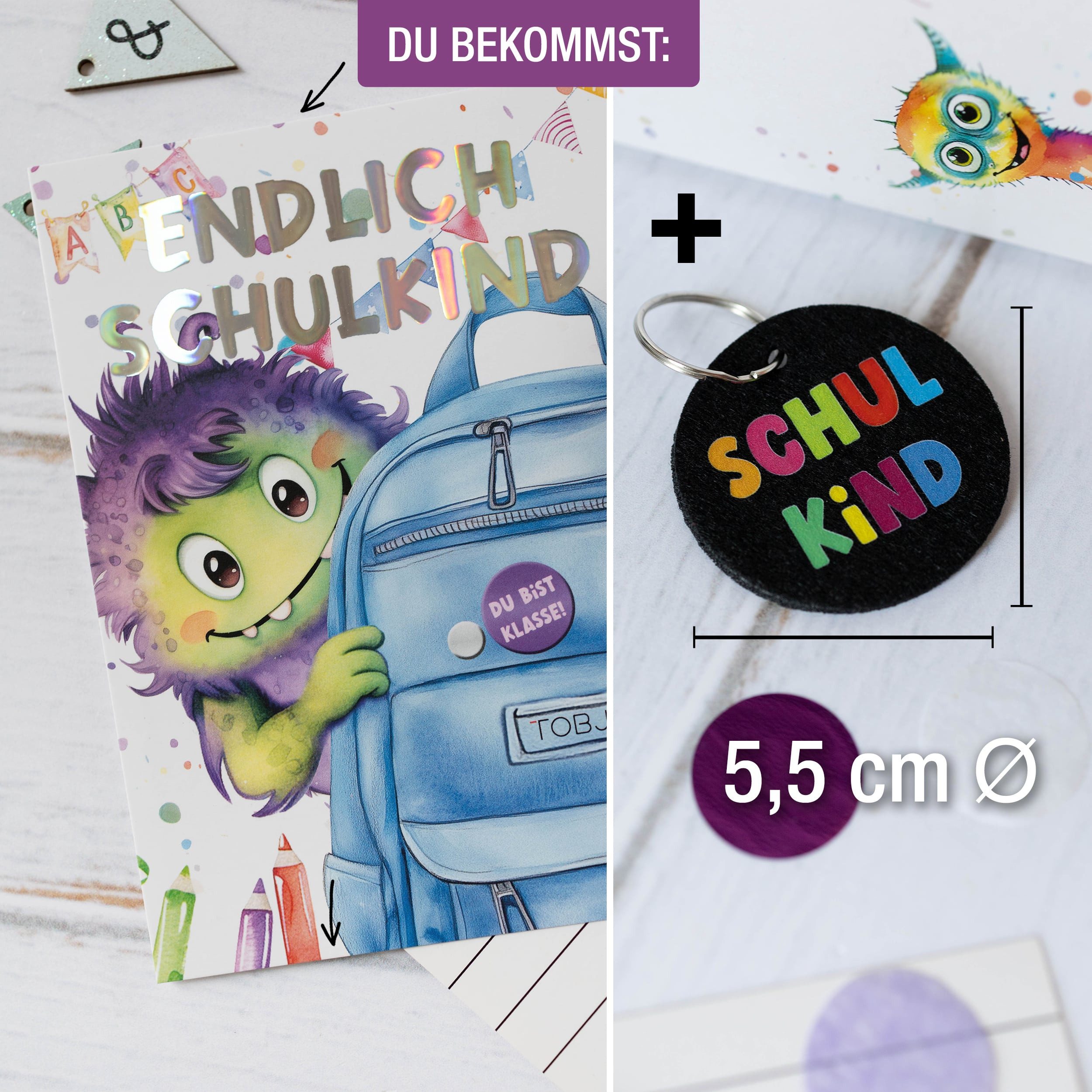TOBJA Schulanfangskarte Geschenk Einschulung Jungen Anhänger Schultüte Monster, Schlüsselanhänger Schulkind, für Zuckertüte
