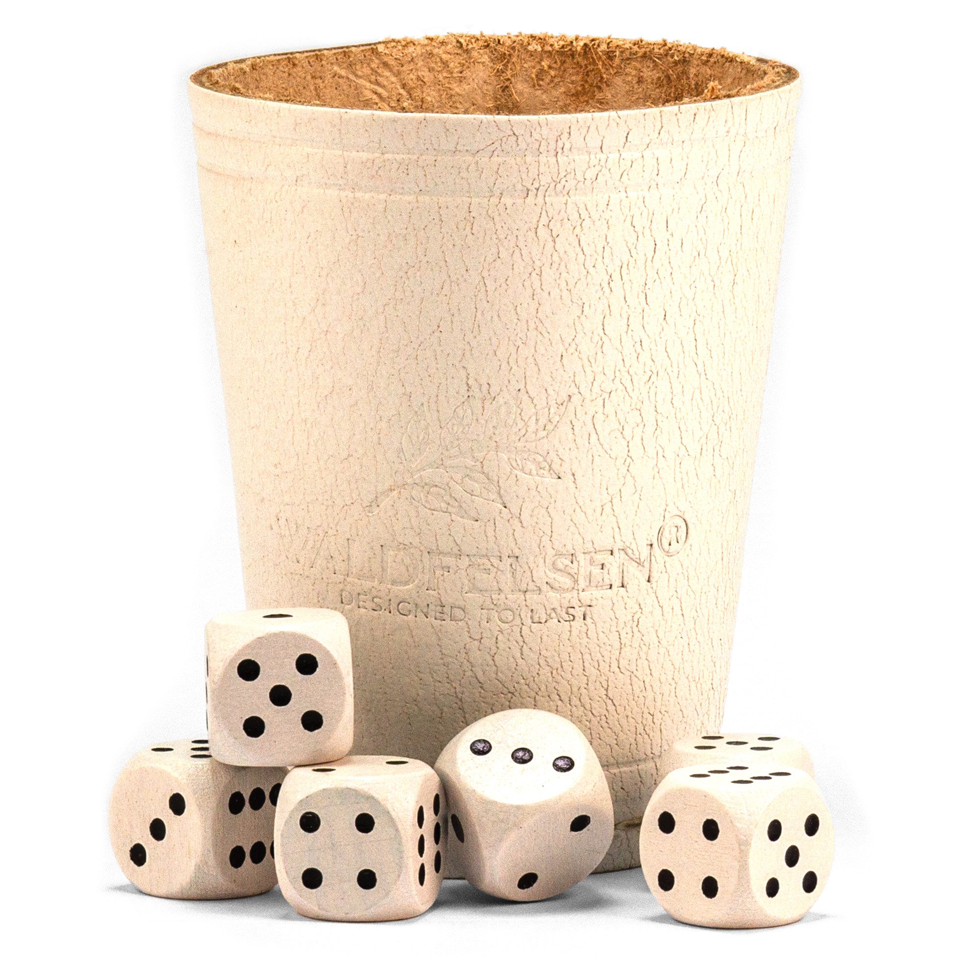 Waldfelsen Spiel – Echtleder Würfelbecher (9 cm) mit 6 Würfeln (16 mm) aus Buchenholz, Würfelspiel, Verschiedene Farben