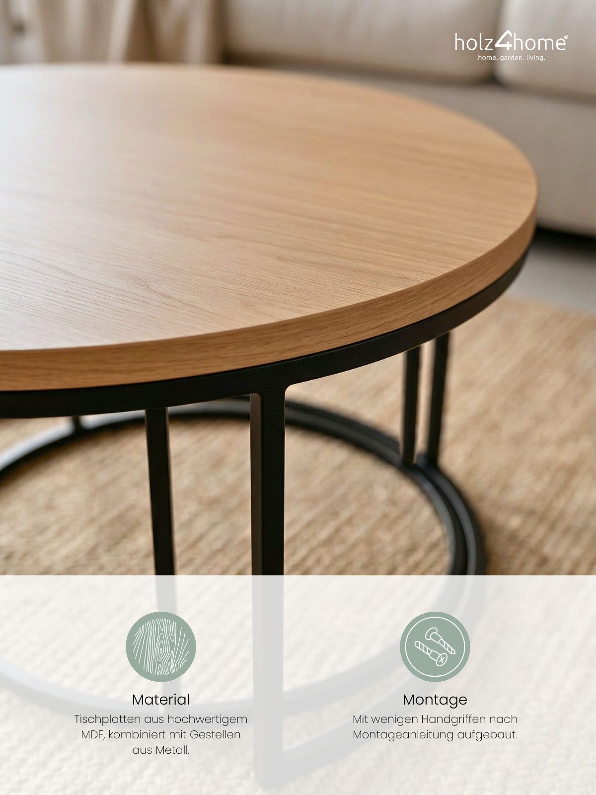 holz4home® Couchtisch Couchtisch 2er-Set MDF Sonoma Eiche I Runder Beistelltisch Industrial, Wohnzimmertisch kombinierbar