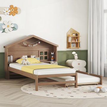 MODFU Kinderbett Funktionsbett,kleine Fensterdekoration, Lagerregal (hausförmiges, flaches Bett 90*200cm), ohne Matratze