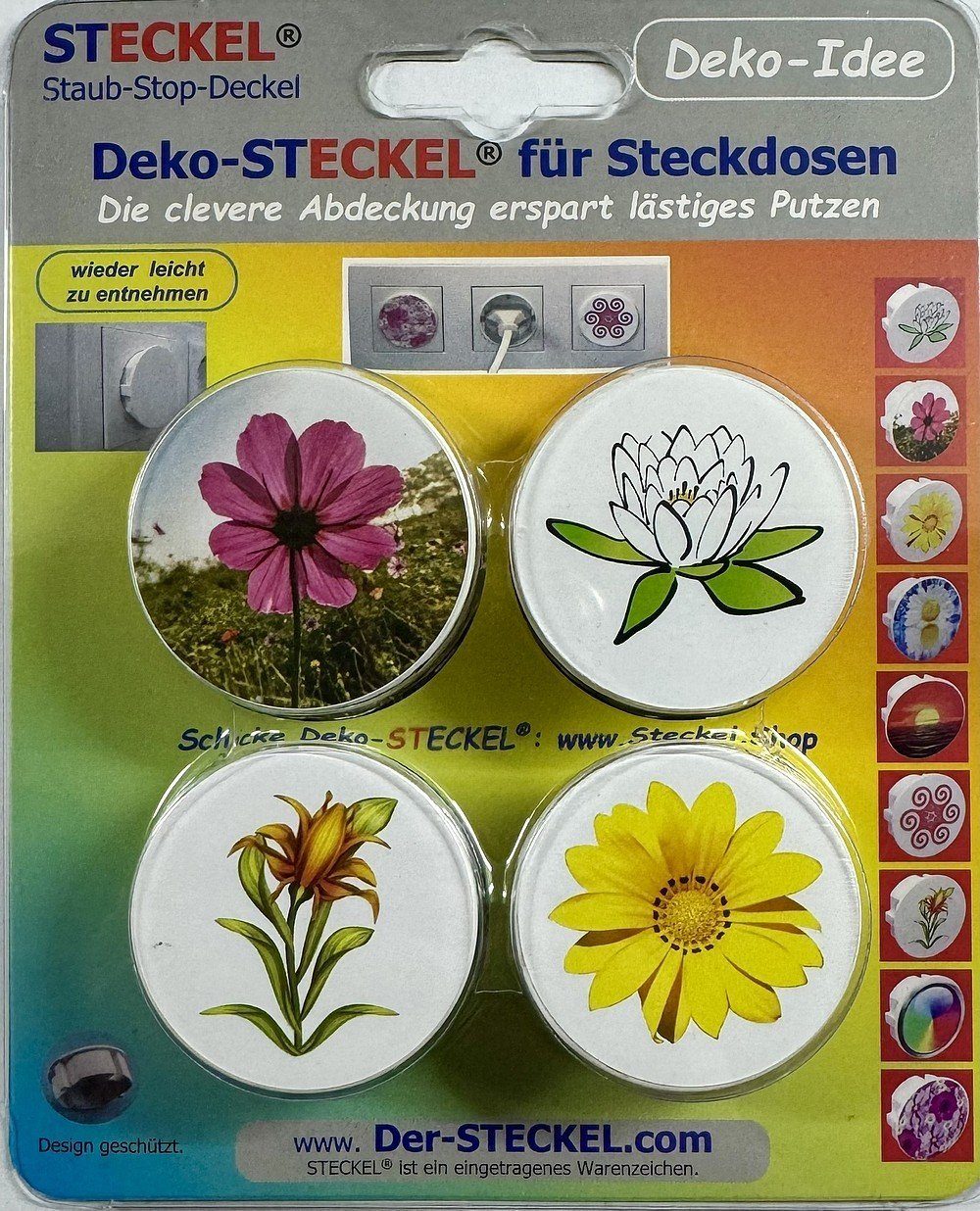 STECKEL Wanddekoobjekt 4x Steckdosenabdeckung mit bunten Blumen Staubschutz, DS-483, Deko, Modern, Steckdose staubfrei, Steckdose schmutzfrei