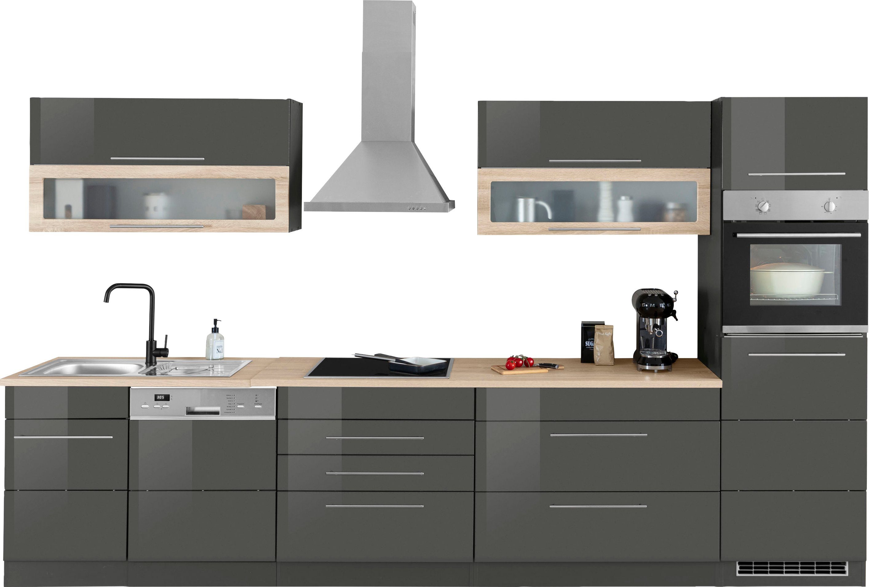 HELD MÖBEL Küchenzeile Wien, Breite 350 cm, wahlweise mit E-Geräten und Induktion grau Hochglanz/grafit-eichefb. | grau Hochglanz | grafit