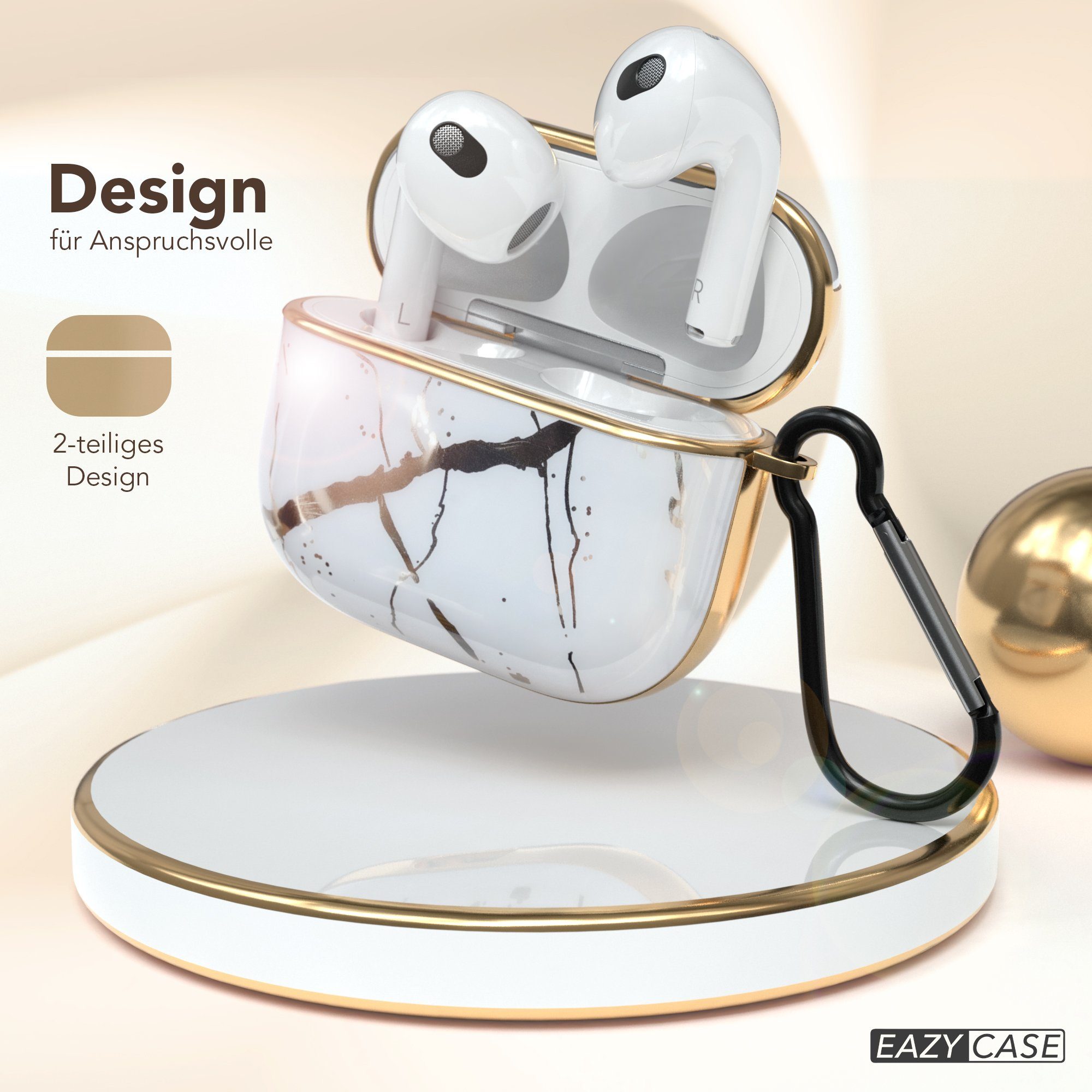 EAZY CASE Kopfhörer-Schutzhülle IMD Motiv Case kompatibel mit Apple AirPods 3, Hardcover Box Schutzhülle Rutschfestes Etui Hülle Stoßfest Weiß / Gold