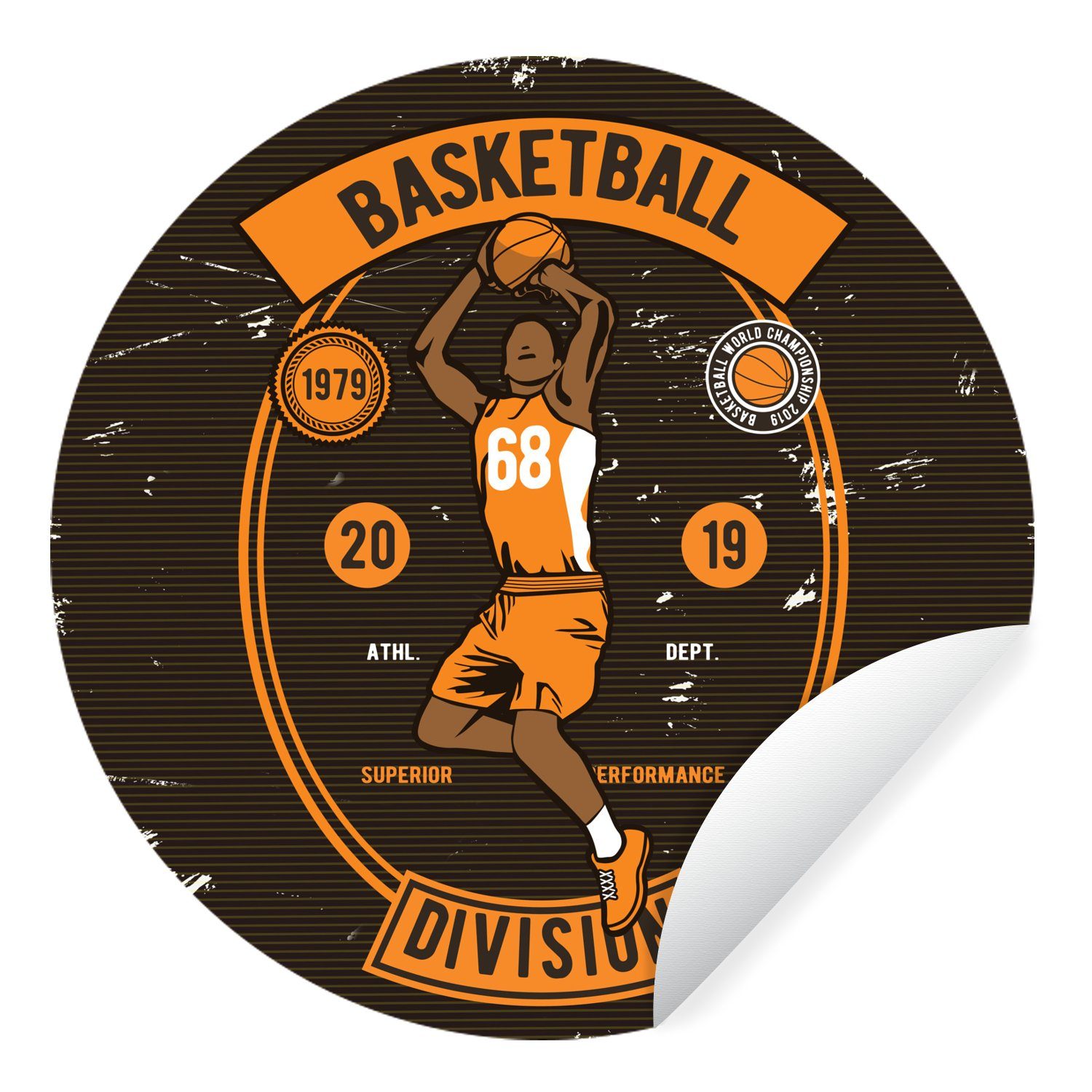 MuchoWow Wandsticker Mancave - Basketball - Sport - Vintage - Orange (1 St), Tapetenkreis für Kinderzimmer, Tapetenaufkleber, Rund, Wohnzimmer