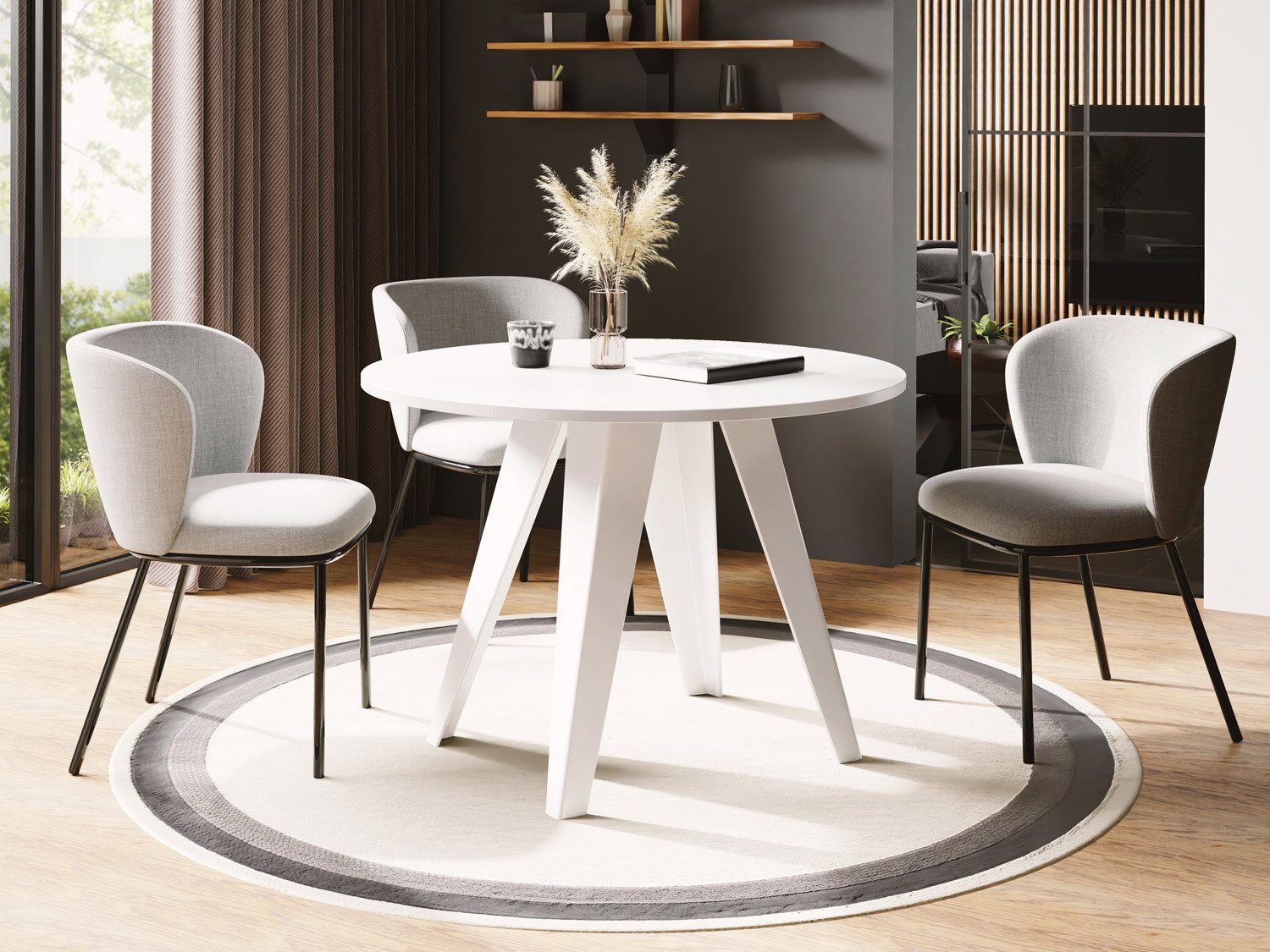 WFL GROUP Esstisch Griffin ausziehbar rund industrial mit weißen Metallgestell (MADE IN EU, erhältlich in zwei Größen – 90/100 cm, ausziehbar auf 130/140 cm), platzsparender Tisch für kleine Küche, Esszimmer oder Wohnzimmer