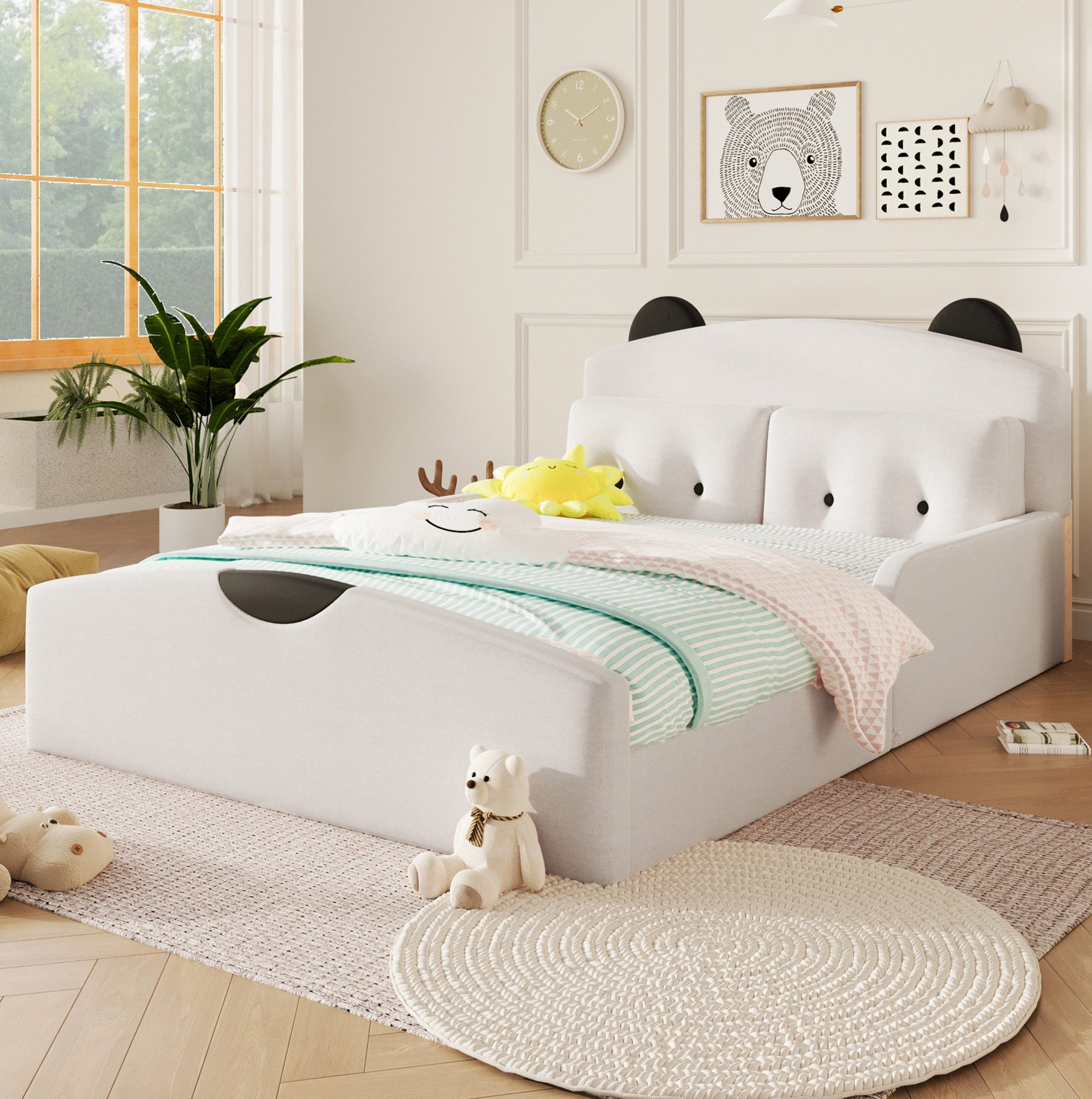 OKWISH Polsterbett Plattformbett mit Leinenbezug 140×200 cm Weiß Ohne Matratze (Packung, 1-tlg., Schlafbett mit weicher Stoffoptik für gemütliche Zimmer Zuhause), Bett mit Bären Kopfteil und zwei Zierkissen für Schlafräume