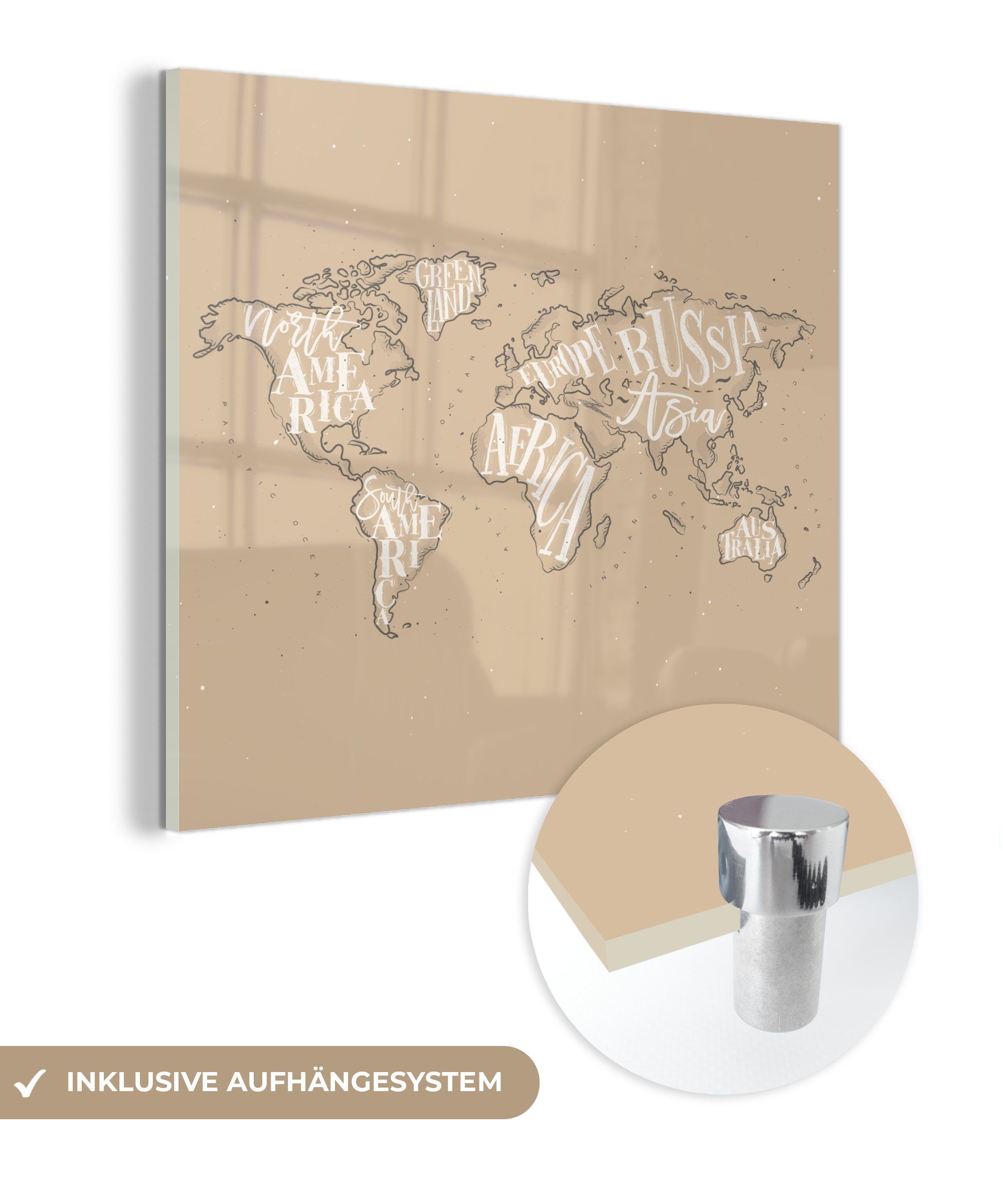 MuchoWow Acrylglasbild Weltkarte - Braun - Weiß - Buchstaben, (1 St), Glasbilder - Bilder auf Glas Wandbild - Foto auf Glas - Wanddekoration