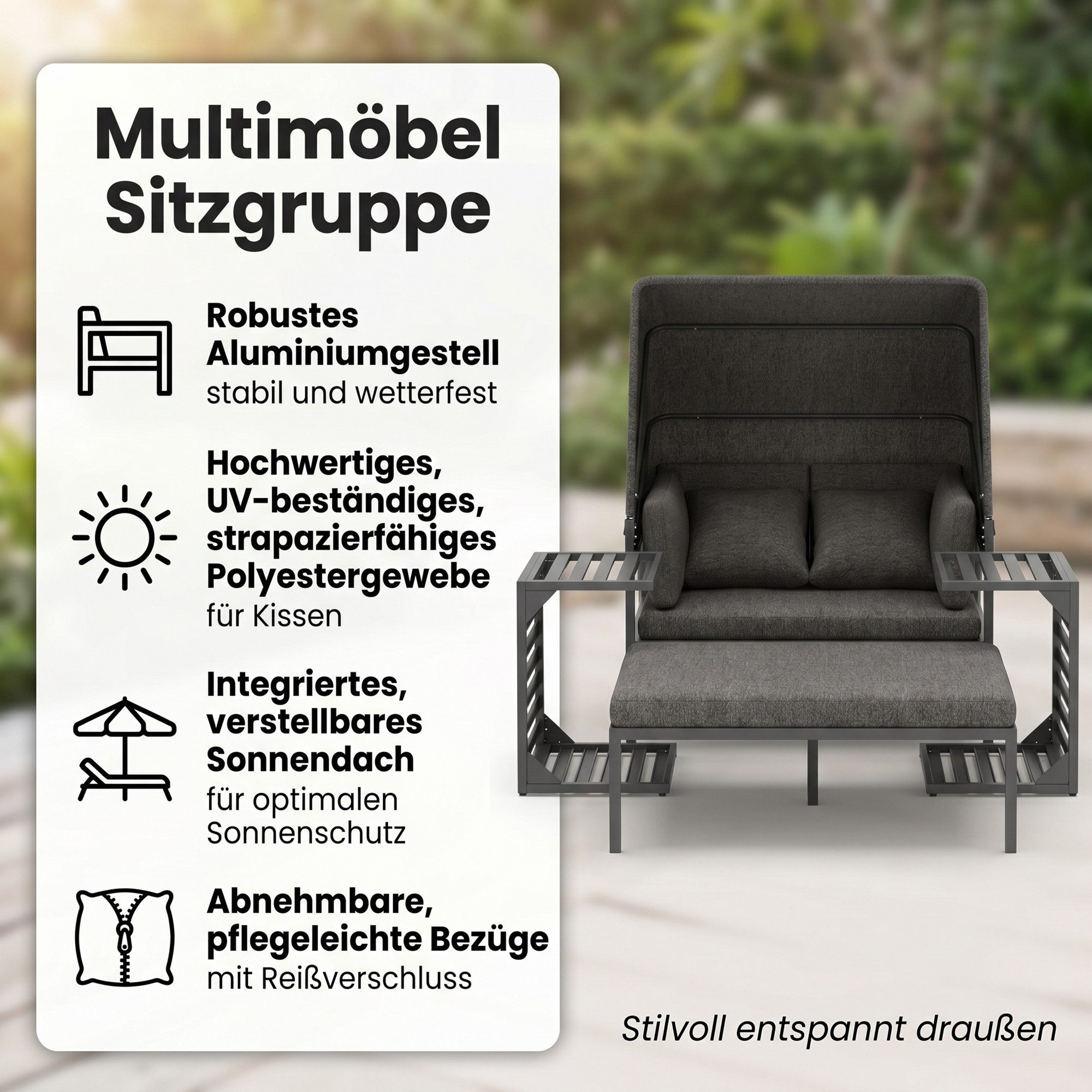 Mucola Strandkorb Relaxinsel mit Dach Gartenliege Aluminium Sonnenliege wetterfest, BxTxH: 160x8x8 cm, (wetterfest, resistent gegen Regen, Salzwasser und intensive Sonneneinstrahlung, 4-tlg., inkl. 2 extra dicke und weiche Kissen inkl. Reißverschluss), 2 Beistelltischen und verstellbarem Sonnendach für angenehmen Schatten