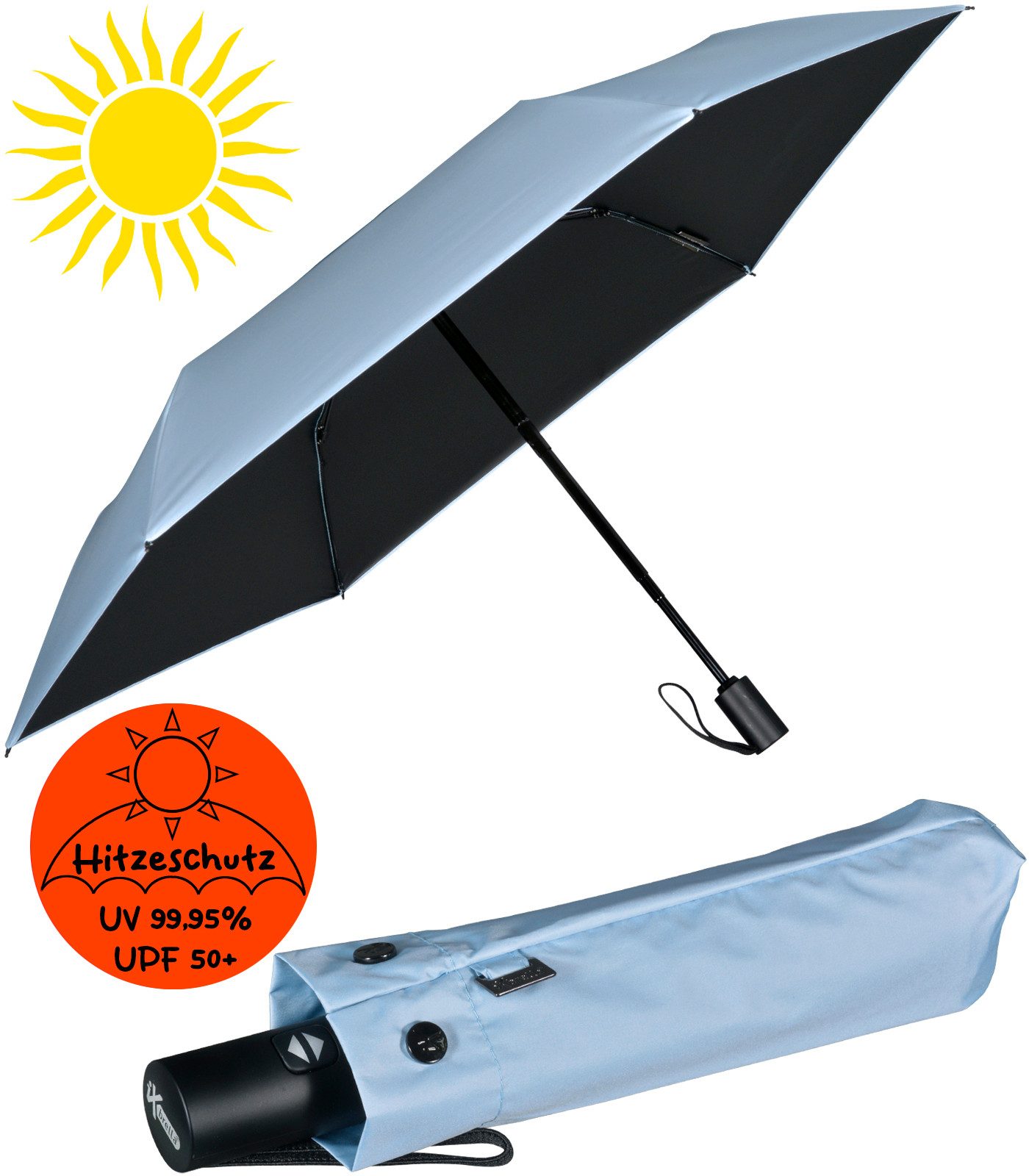 iX-brella Taschenregenschirm Sonnen-Regenschirm mit UPF 50+, UV-Hitze-Schutz, für Damen, mit Auf-Zu-Automatik, innen schwarz