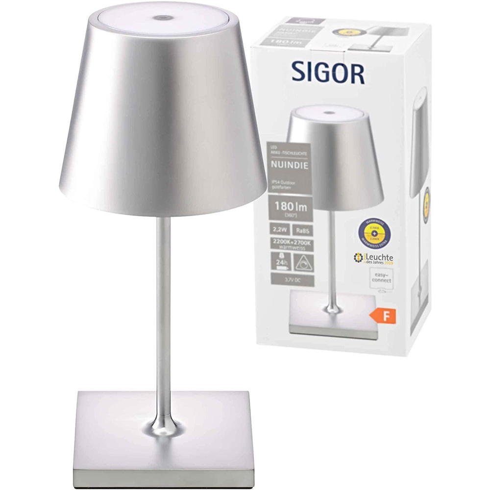 SIGOR LED Tischleuchte Nuindie Mini - Silberne LED Akku-Tischlampe Indoor &  Outdoor, dimmbar und aufladbar mit Easy-Connect, 9h Leuchtdauer, Dimmbar, 1  LED Platine, 2700