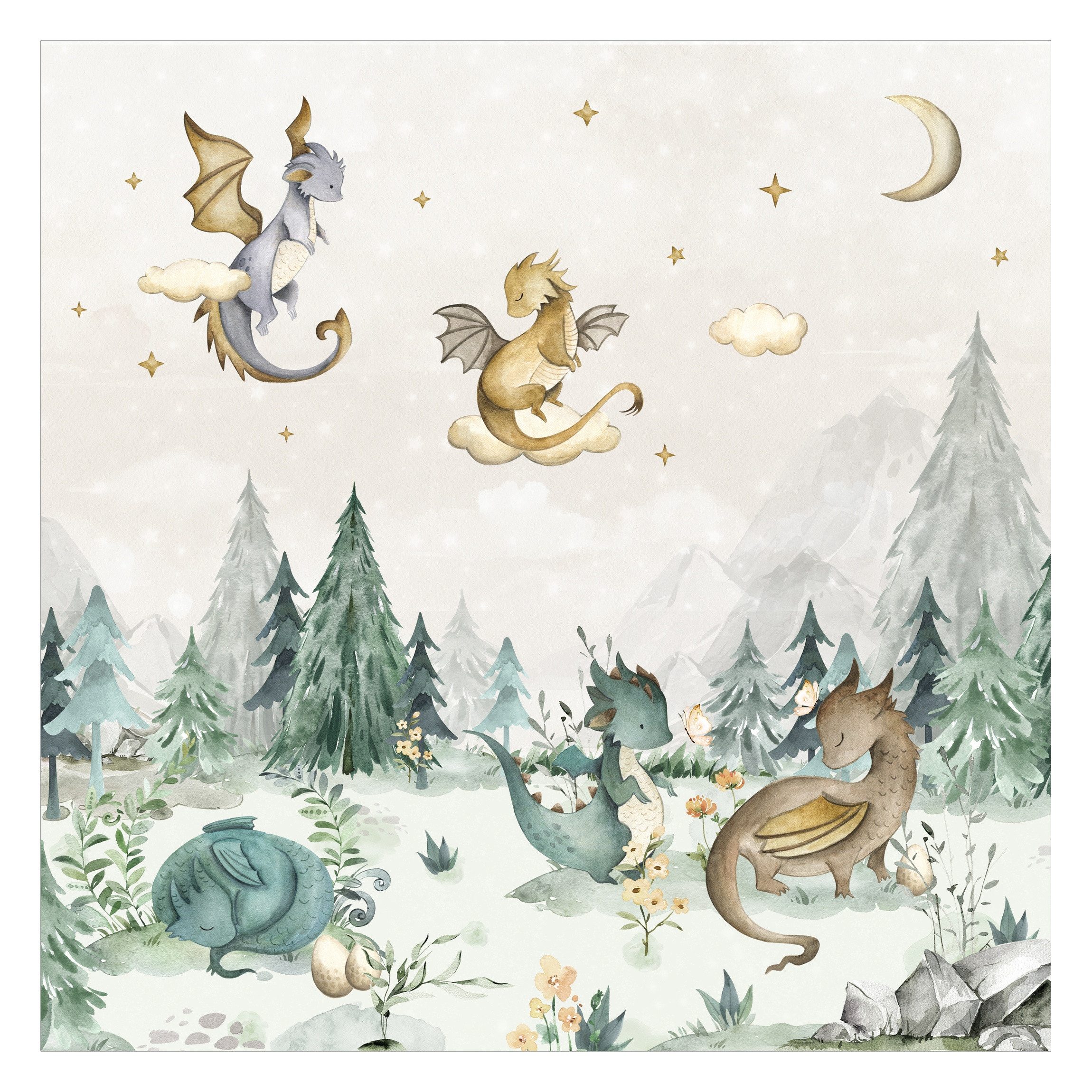 Bilderdepot24 Kindertapete Drachen Aquarell Wald Illustration Kinder Natur Landschaft grün modern, Glatt, Matt, (Vliestapete inkl. Kleister oder selbstklebend), – Bild 2 von 5