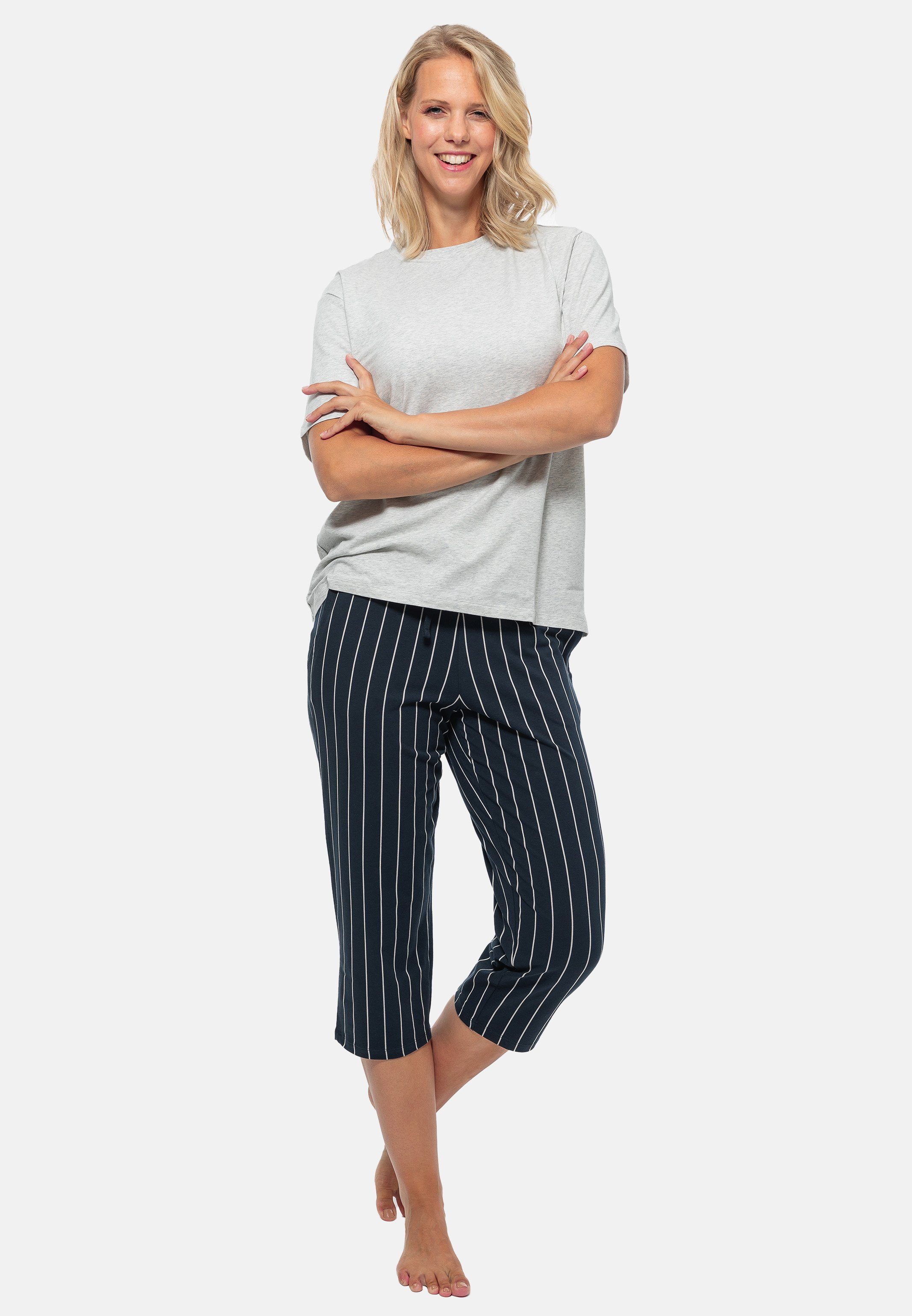 Baumwolle tlg) Grau 2 Organic Schlafanzug Pyjama gestreift - / Cotton (Set, Blau - Schiesser