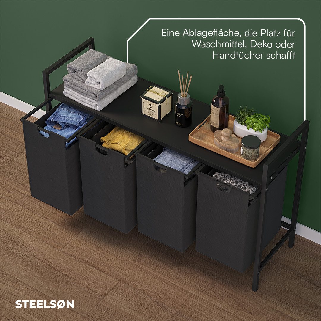 STEELSØN Wäschekorb Rigil aus Metall (3 Fächer (120 L) mit 1 MDF-Ablagefläche, schwarz), auch verfügbar mit 2 oder 4 Fächern, ausziehbar & abnehmbar – Bild 4 von 5