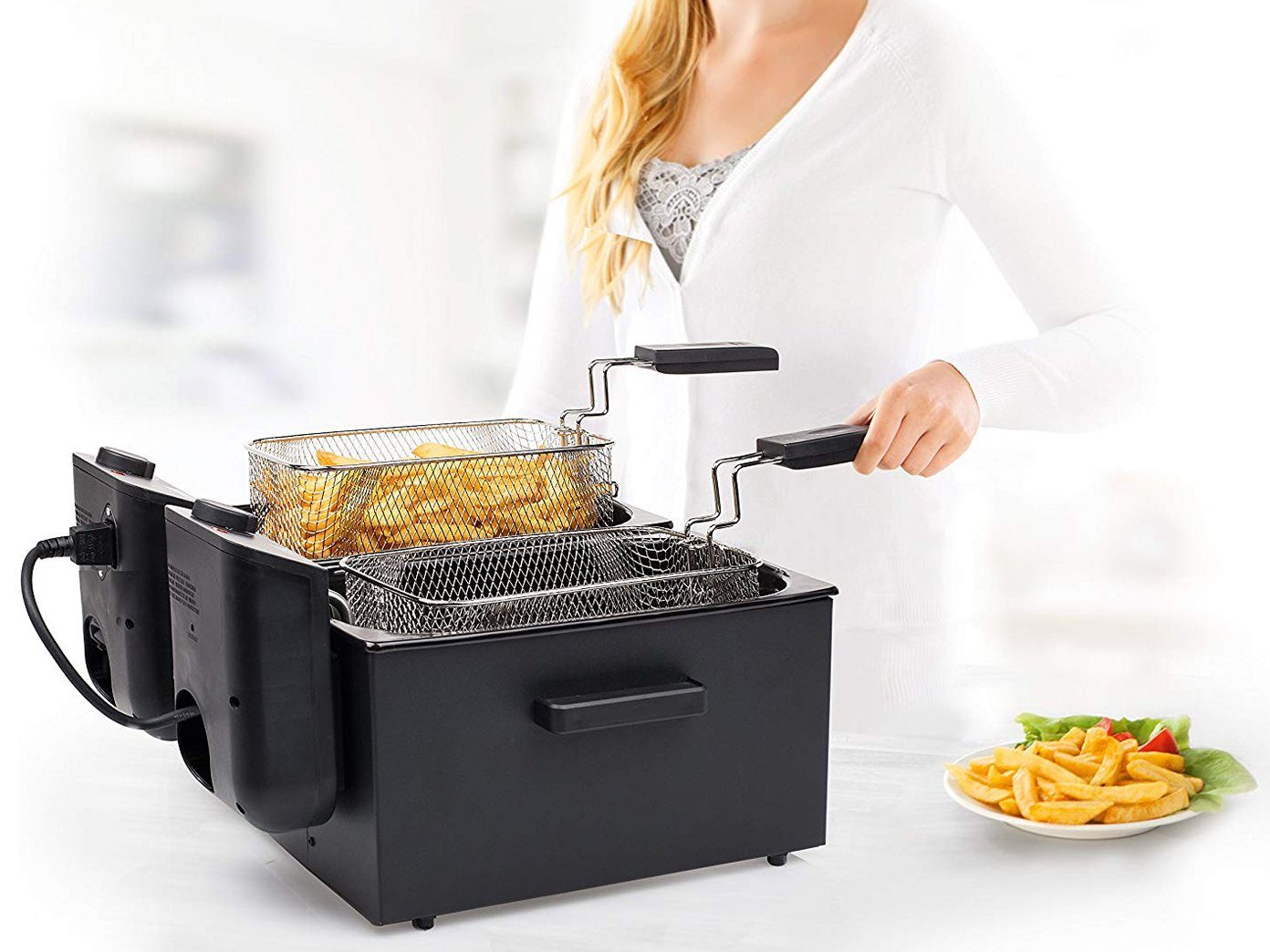 PRINCESS Kaltzonenfritteuse, 3600 W, XXL 2x 3Ltr. Doppel Fritteuse Pommes & Schnitzel mit Fett frittieren
