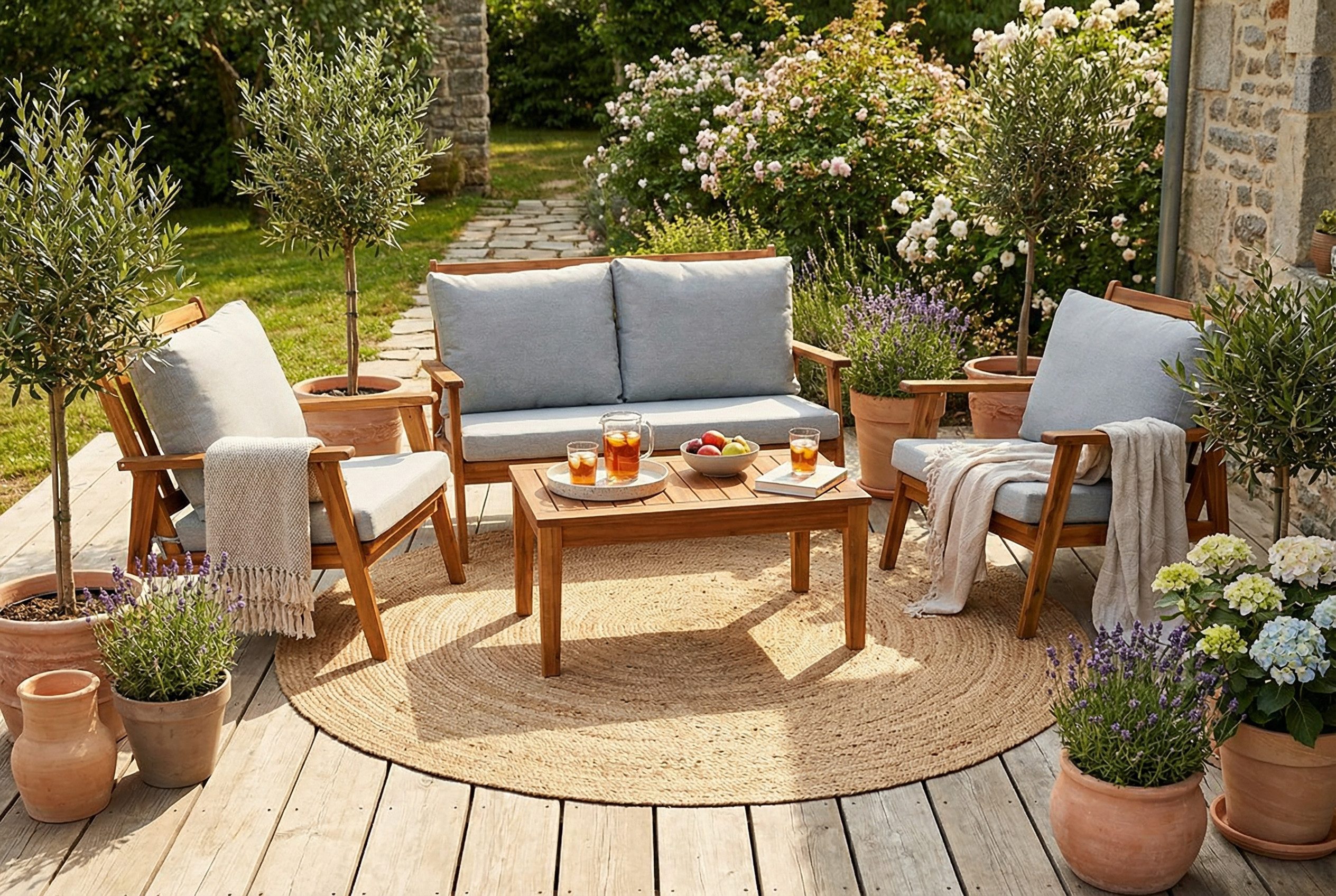 byLIVING Gartensofa LA PALMA, Bestehend aus: 1x Sofa, 2x Sessel und 1x Couchtisch, Hochwertige Sitzkissen aus Webstoff in hellgrau