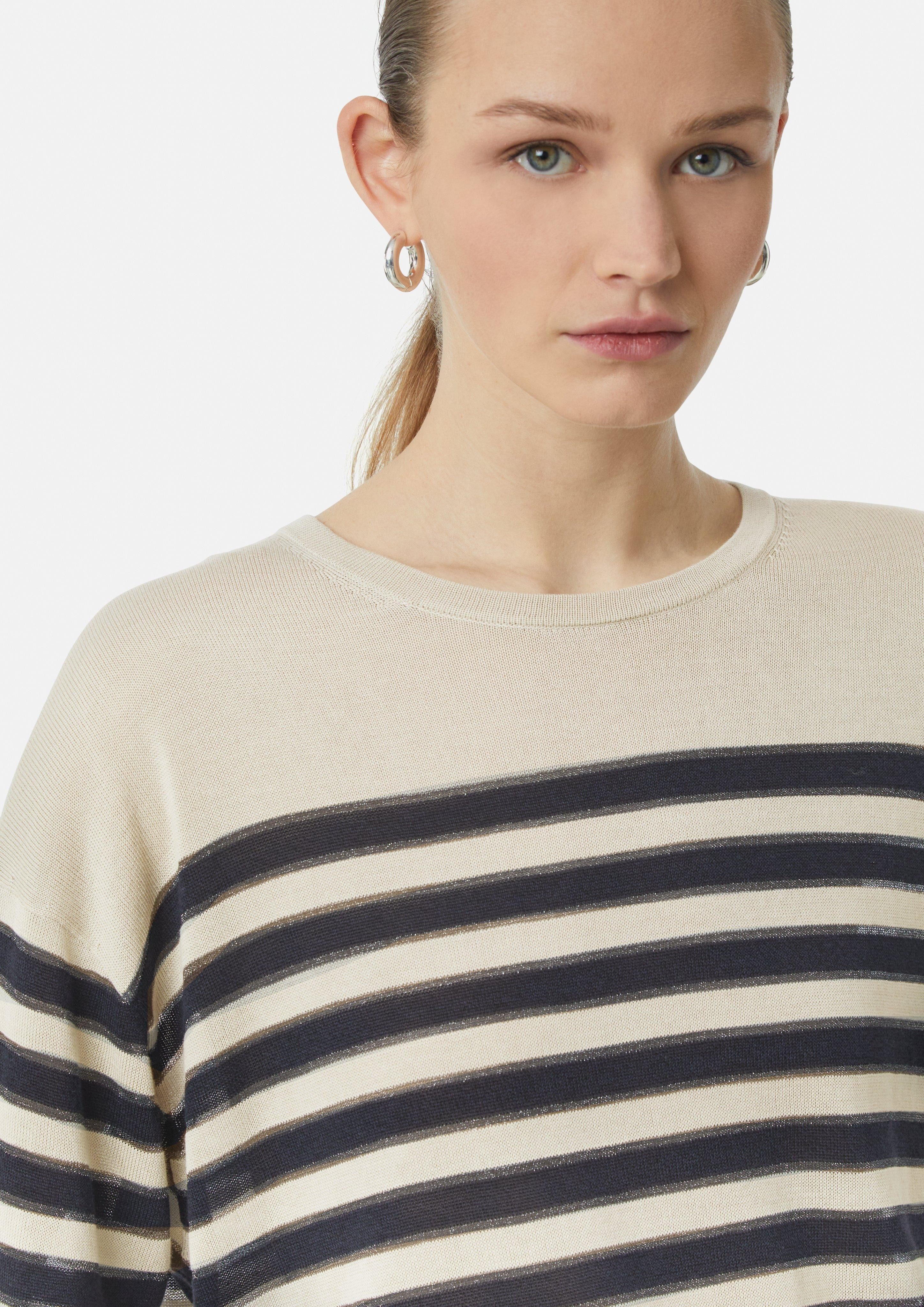 Comma Kurzarmshirt Gestreifter Feinstrickpullover mit Glitzergarn günstig online kaufen