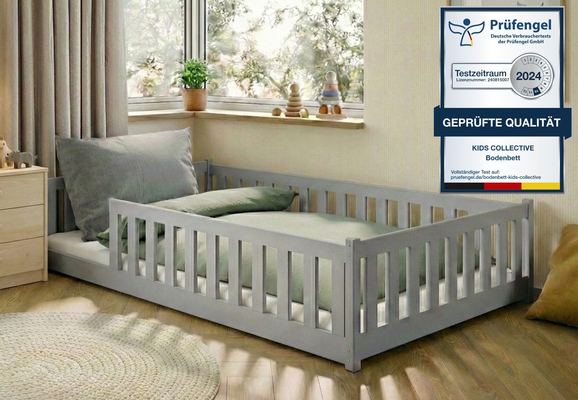 Kids Collective Kinderbett Bodenbett Bett mit Rausfallschutz & Lattenrost Montessori Bett Kinder (Jungen, Mädchen, Kinder, weitere Größen 80x160, 80x180, 90x190, 90x200, 140x200 cm), Jugendbett Gitterbett Einzelbett, Aschgrau Kiefer 120x200 cm