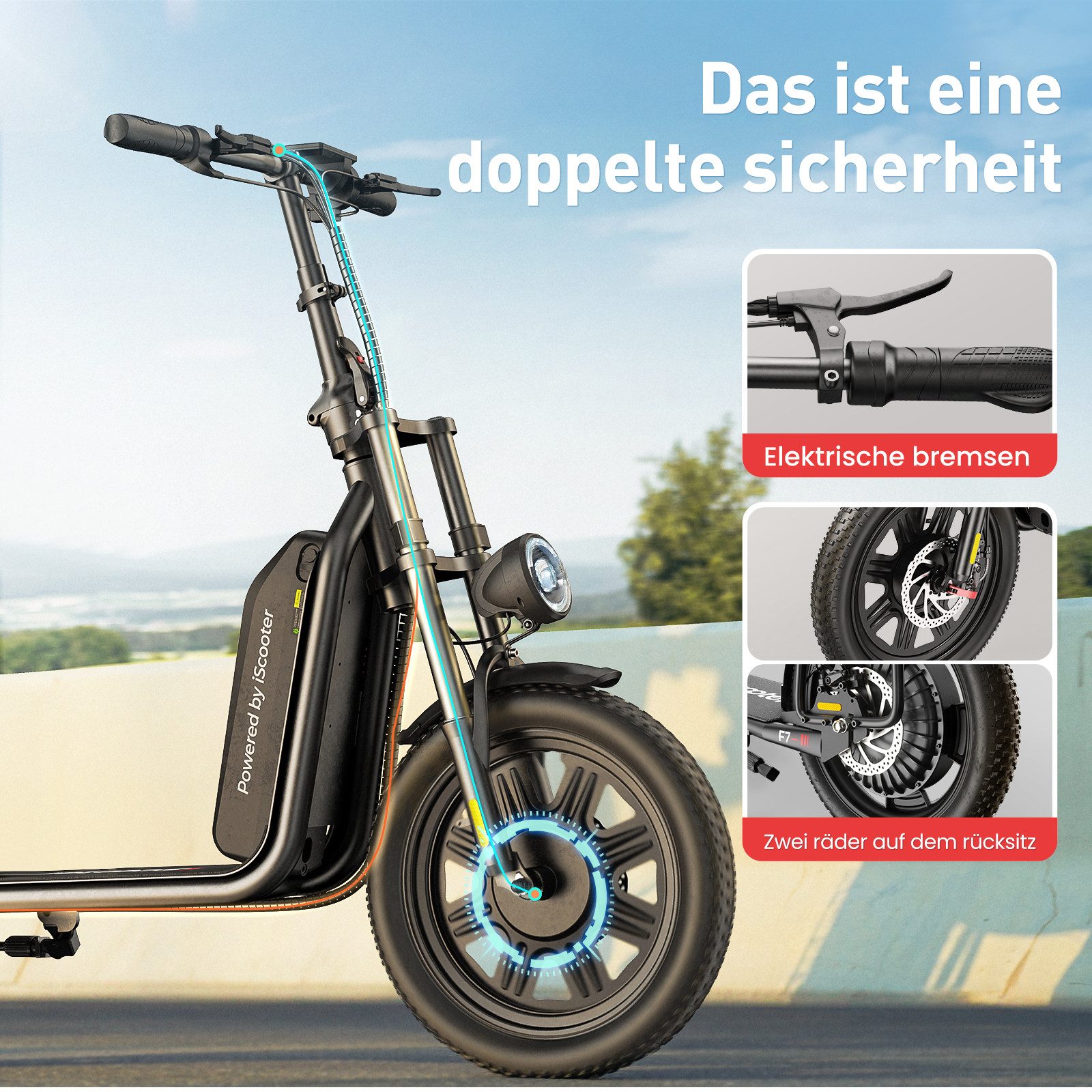 iscooter E-Scooter E Scooter mit Straßenzulassung,16 × 3.0 Zoll Fat Tire E Roller, 100Km Max Reichweite,mit Klapprad Korb und Lenker mit App