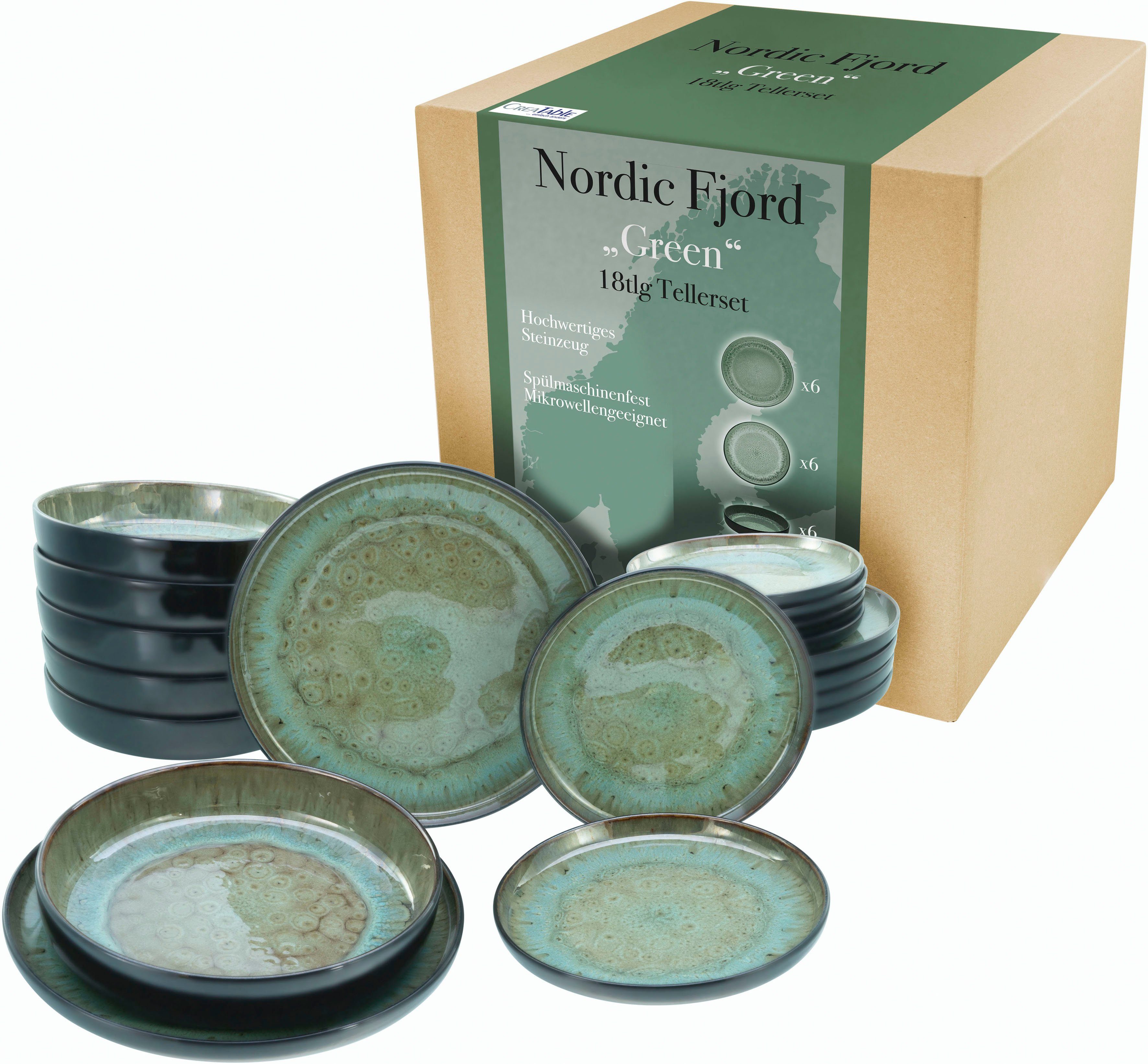 CreaTable Teller-Set Nordic Fjord (18-tlg), 6 Personen, Steinzeug, je 6 Speiseteller 26 cm, Suppenteller 22,5 cm, Dessertteller 19,5 cm