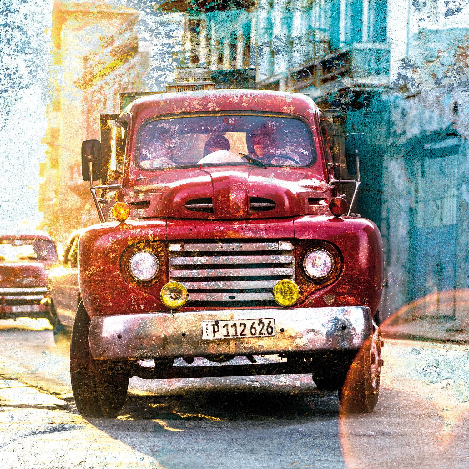 Rasch Fototapete Oldtimer-Motiv - Vliestapete Türkis Rot Gelb, Fotodruck, (1 Rolle, 1 St., 2,8 m x 3,72 m), gute Lichtbeständigkeit, waschbeständig, restlos abziehbar