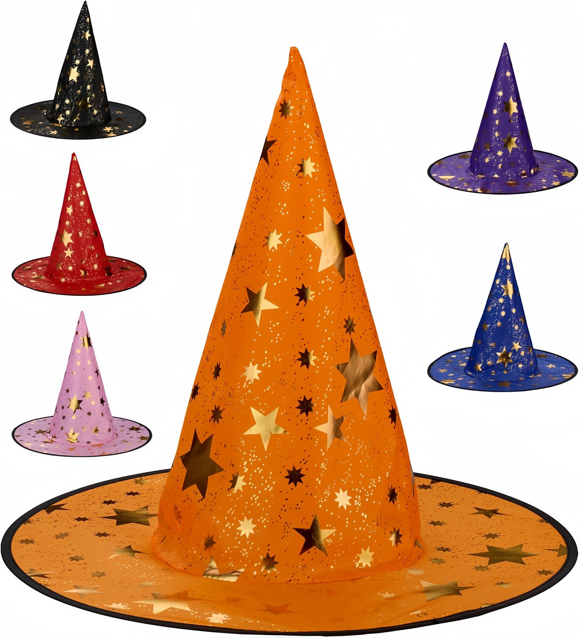 FOUORTUNATE-BEE Hexen-Kostüm 6er Set Halloween Zauberhüte mit Sternen für Kostüme, Bunte Hexenhüte als Zubehör für Halloween-Partys & Verkleidung